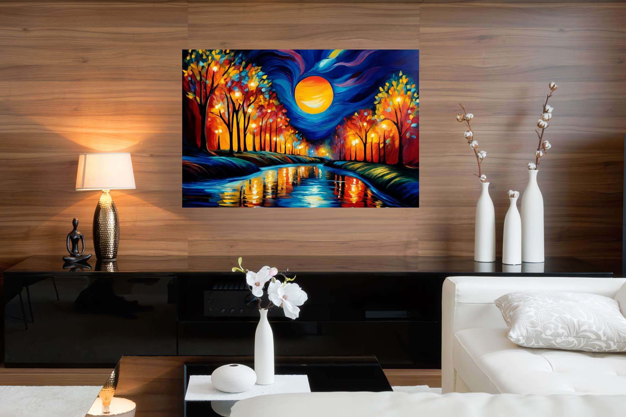 Autumn reverie reflections: Autumn forest art with scenic artwork, in a room with contemporary flair, gallery-quality artwork, and elegant home goods. The art can be printed on poster, framed poster, canvas, metal, acrylic or wood, exclusively at WallArtZen. Find this exact print at https://wallartzen.com/waz8