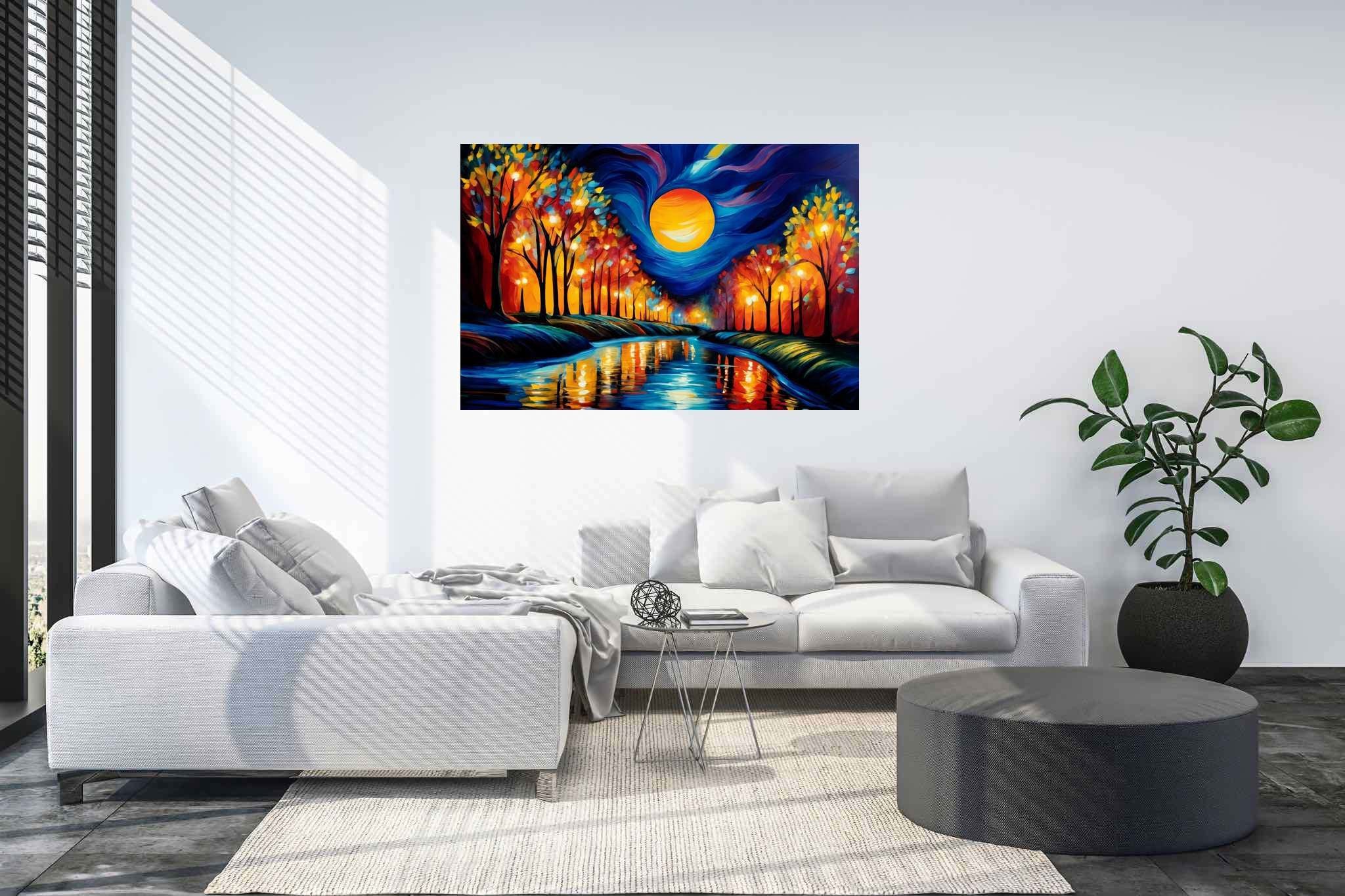 Autumn reverie reflections: Autumn forest art with natural beauty, in a room with innovative layout, photographic wall art, and home styling items. The art can be printed on poster, framed poster, canvas, metal, acrylic or wood, exclusively at WallArtZen. Find this exact print at https://wallartzen.com/waz8