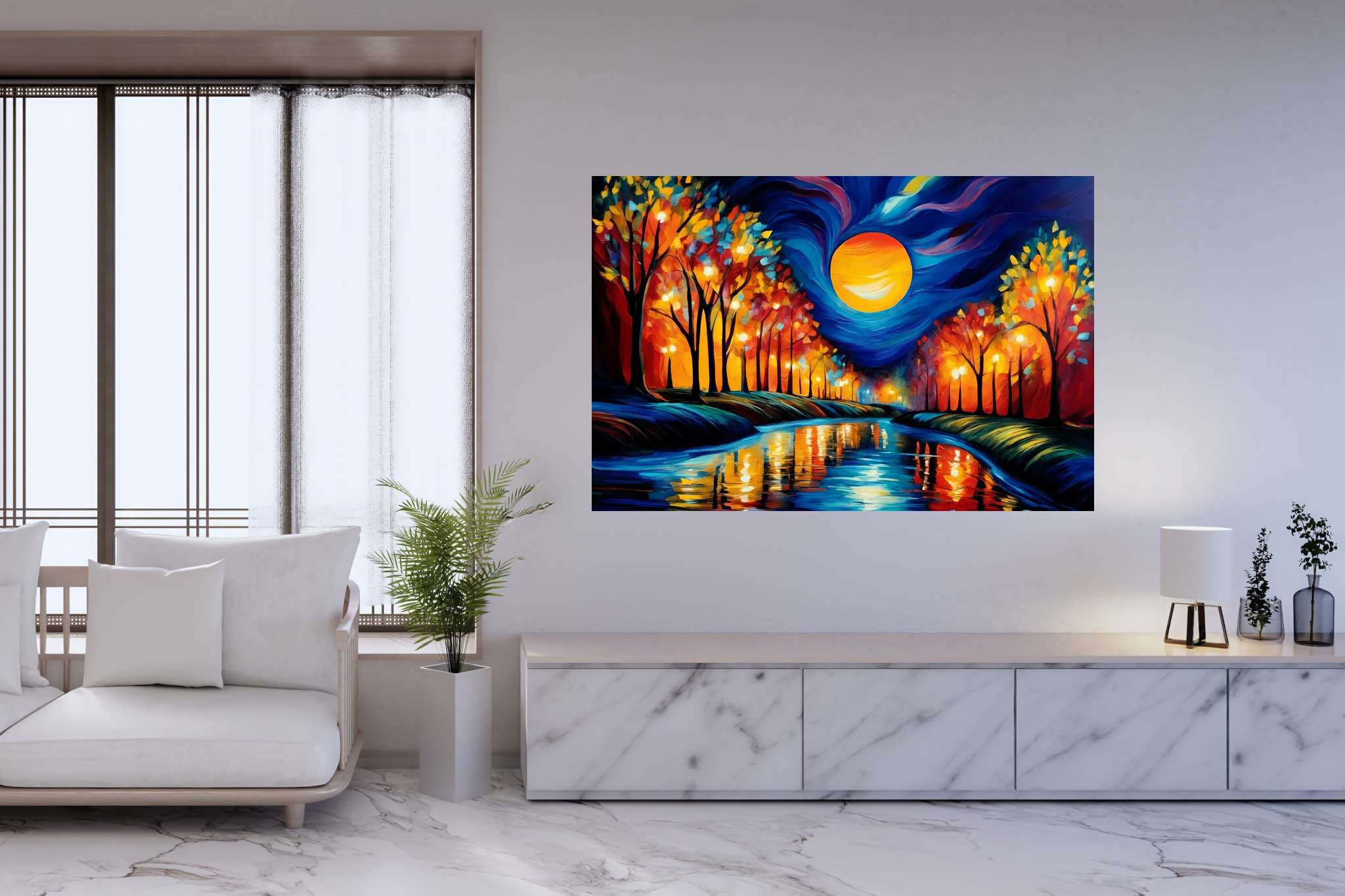 Autumn reverie reflections: Autumn forest art with peaceful forest artwork, in a room with classic elegance, fine art prints, and elegant home goods. The art can be printed on poster, framed poster, canvas, metal, acrylic or wood, exclusively at WallArtZen. Find this exact print at https://wallartzen.com/waz8