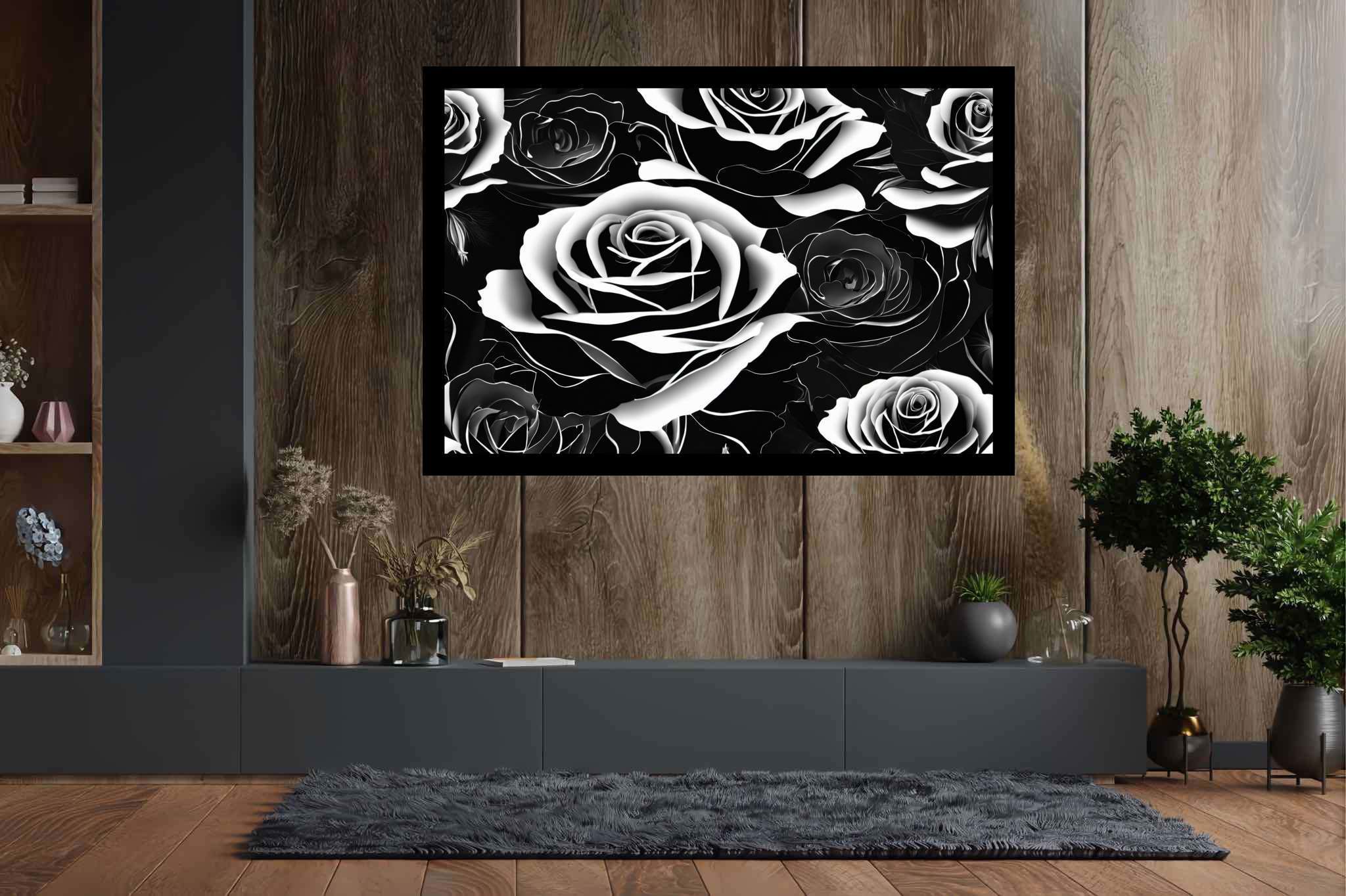 Monochrome rose ballet: Rose art with artistic interpretations, in a room with modern style, wall hangings, and luxe decor. The art can be printed on poster, framed poster, canvas, metal, acrylic or wood, exclusively at WallArtZen. Find this exact print at https://wallartzen.com/waz91