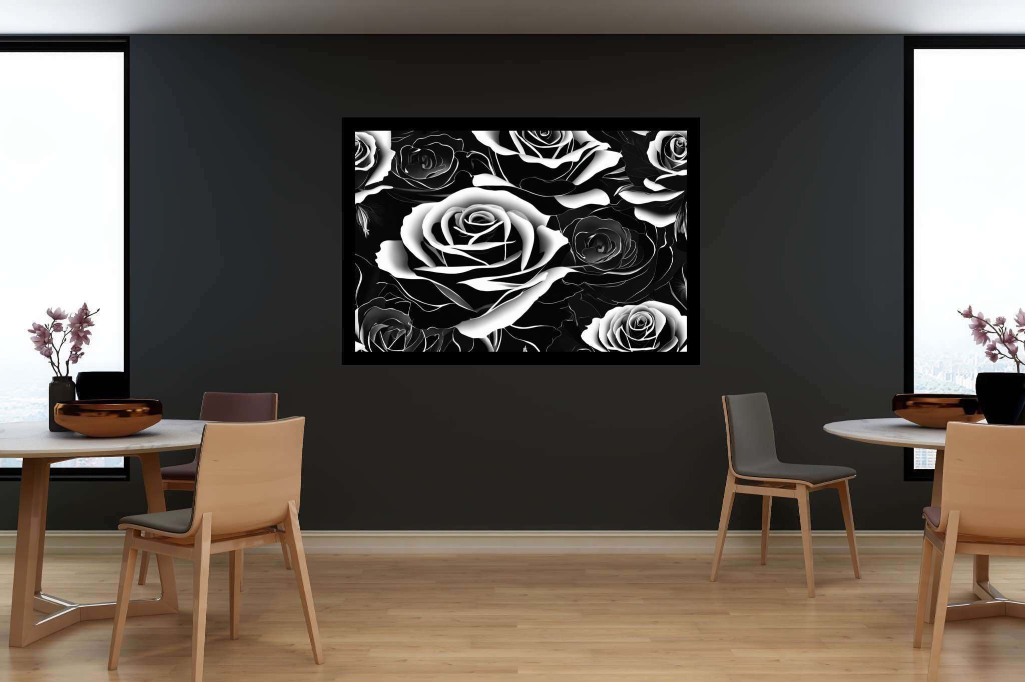 Monochrome rose ballet: Rose art with flower paintings, in a room with minimalist approach, gallery-quality artwork, and decorative pieces. The art can be printed on poster, framed poster, canvas, metal, acrylic or wood, exclusively at WallArtZen. Find this exact print at https://wallartzen.com/waz91