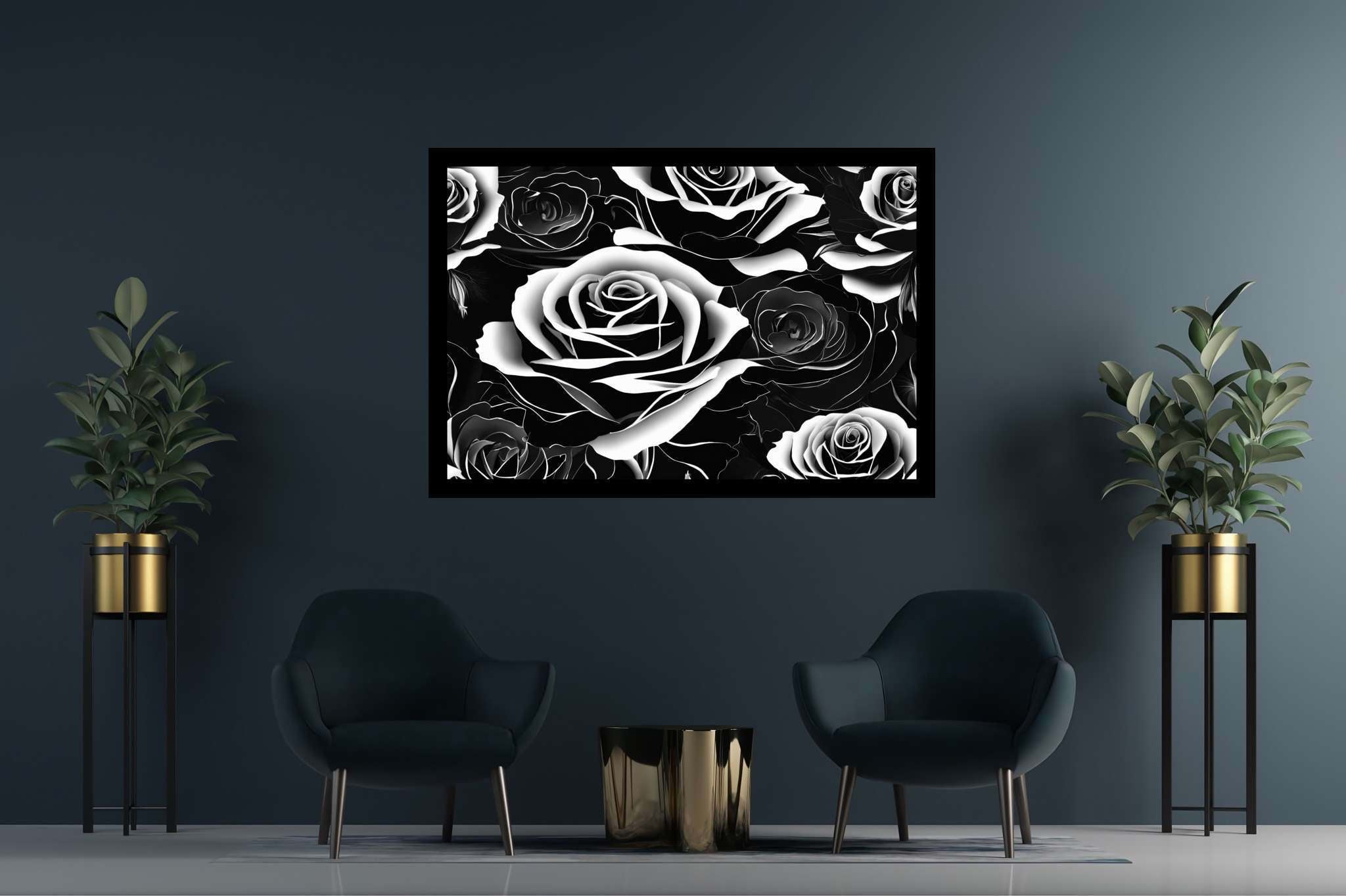Monochrome rose ballet: Rose art with botanical prints, in a room with great design, wall hangings, and designer furniture. The art can be printed on poster, framed poster, canvas, metal, acrylic or wood, exclusively at WallArtZen. Find this exact print at https://wallartzen.com/waz91