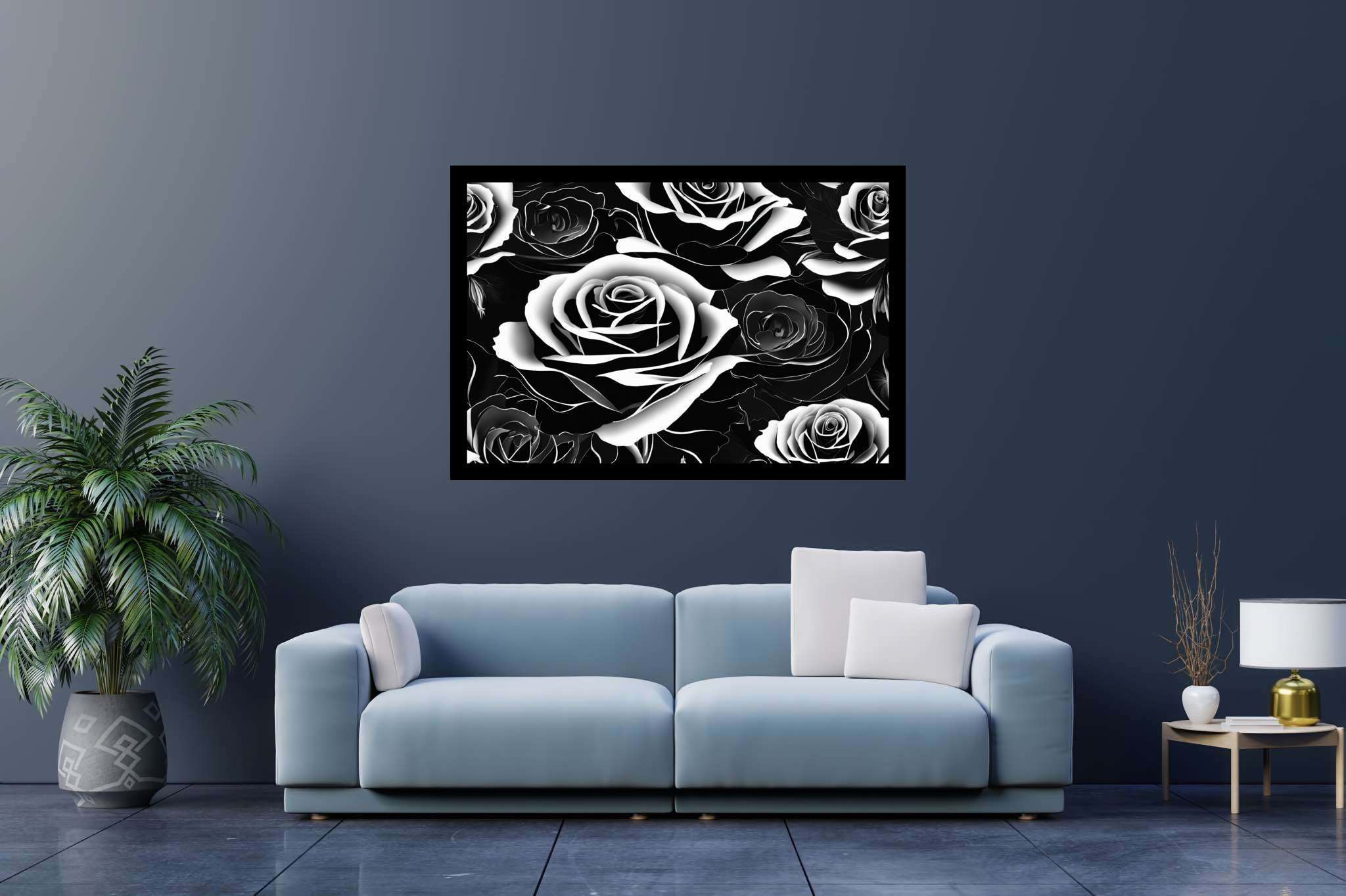 Monochrome rose ballet: Rose art with romantic illustrations, in a room with great design, bespoke art designs, and designer furniture. The art can be printed on poster, framed poster, canvas, metal, acrylic or wood, exclusively at WallArtZen. Find this exact print at https://wallartzen.com/waz91