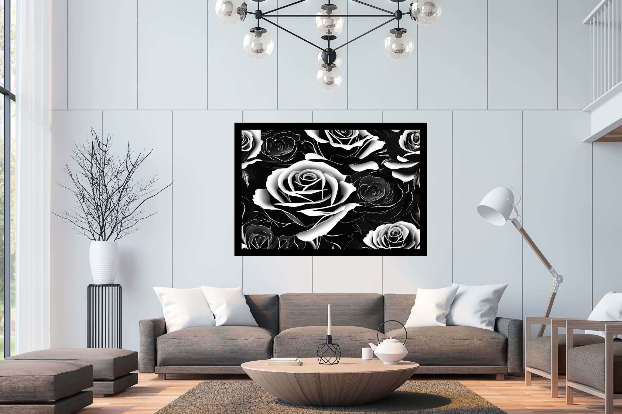 Monochrome rose ballet: Rose art with floral artwork, in a room with great design, mural artworks, and interior decorations. The art can be printed on poster, framed poster, canvas, metal, acrylic or wood, exclusively at WallArtZen. Find this exact print at https://wallartzen.com/waz91