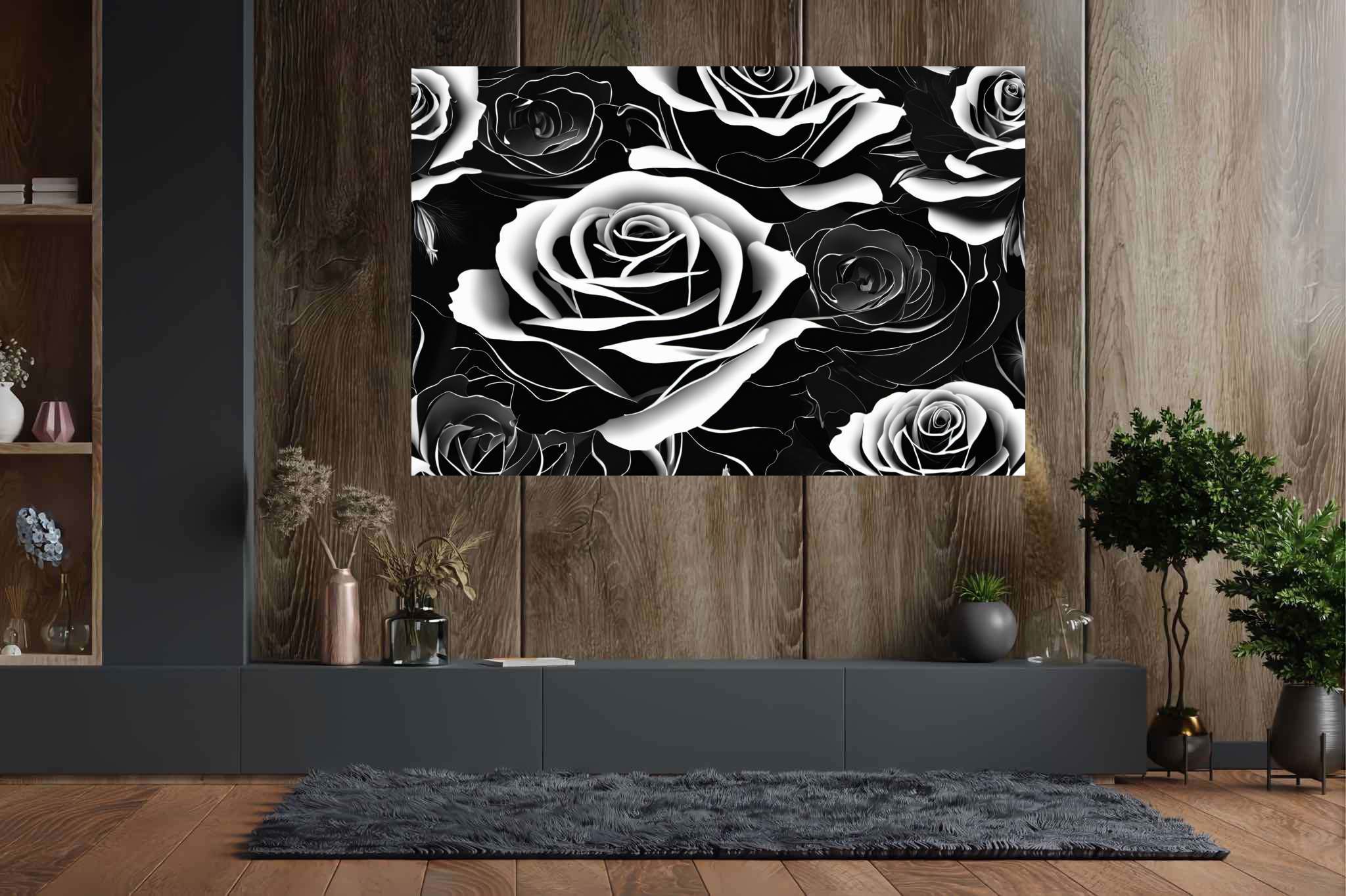 Monochrome rose ballet: Rose art with nature-inspired art, in a room with elegant layout, mural artworks, and home furnishings. The art can be printed on poster, framed poster, canvas, metal, acrylic or wood, exclusively at WallArtZen. Find this exact print at https://wallartzen.com/waz91