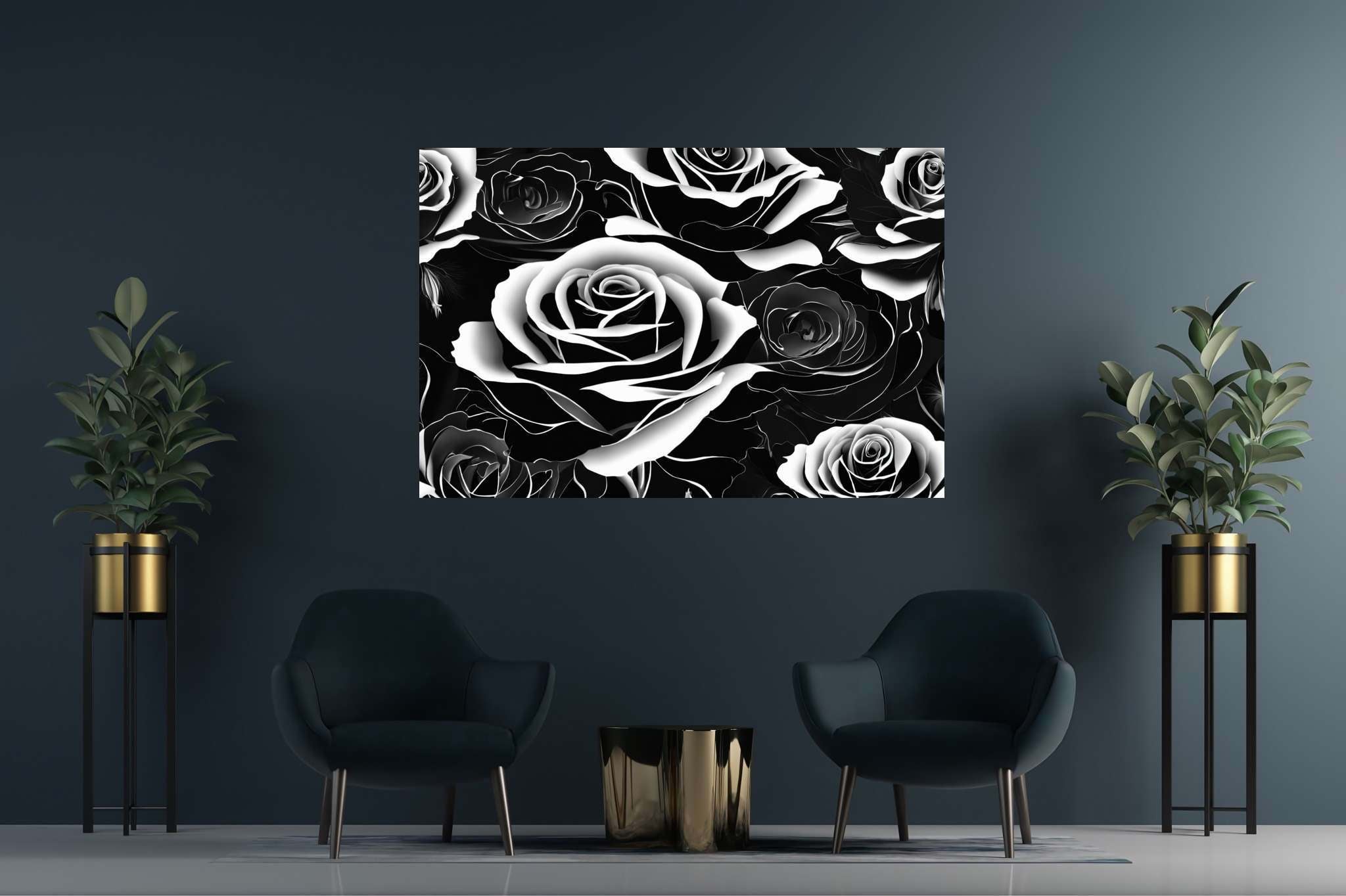 Monochrome rose ballet: Rose art with floral artwork, in a room with minimalist approach, fine art prints, and home styling items. The art can be printed on poster, framed poster, canvas, metal, acrylic or wood, exclusively at WallArtZen. Find this exact print at https://wallartzen.com/waz91