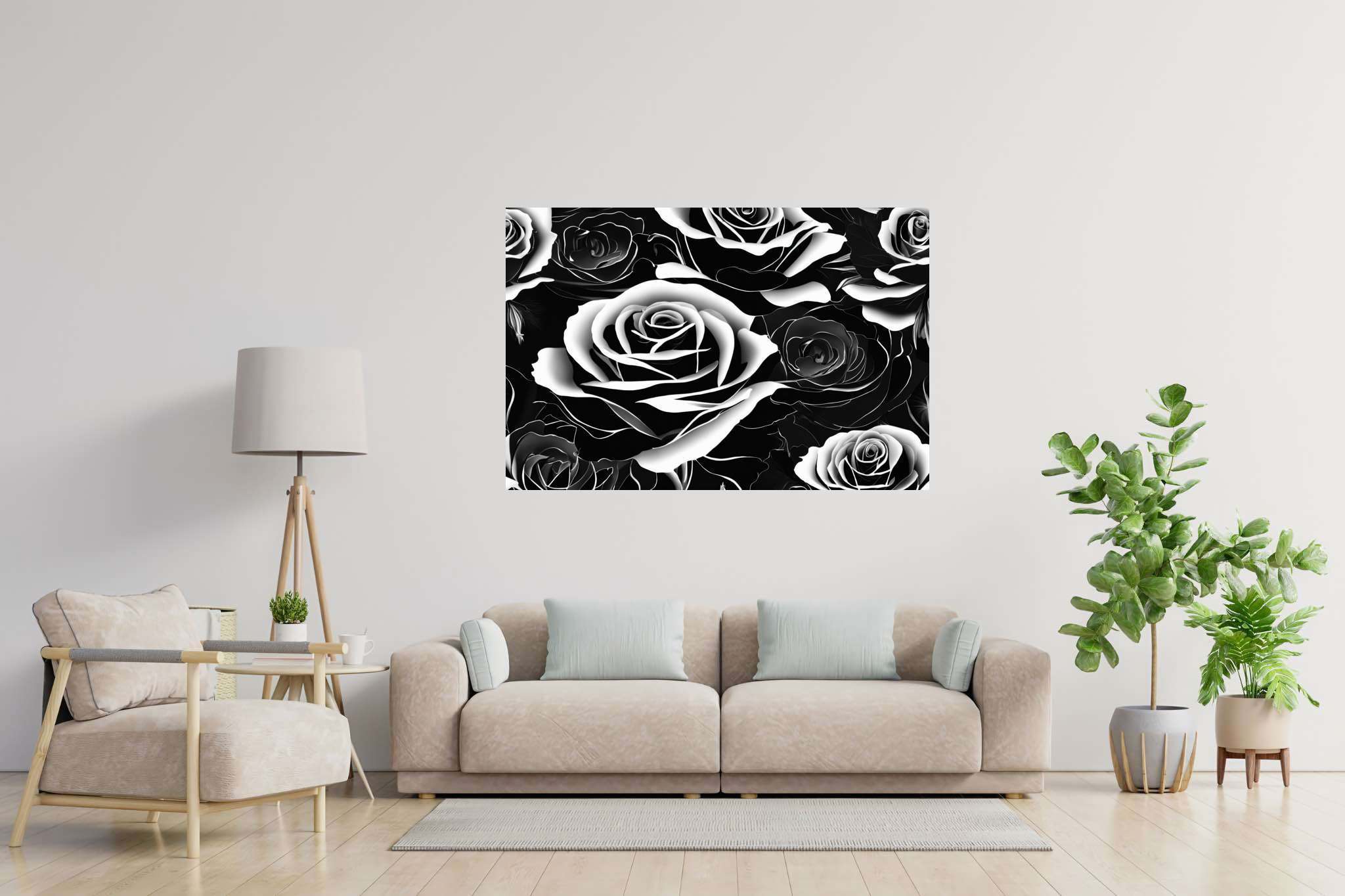 Monochrome rose ballet: Rose art with elegant flower designs, in a room with modern style, wall hangings, and artisan decor. The art can be printed on poster, framed poster, canvas, metal, acrylic or wood, exclusively at WallArtZen. Find this exact print at https://wallartzen.com/waz91