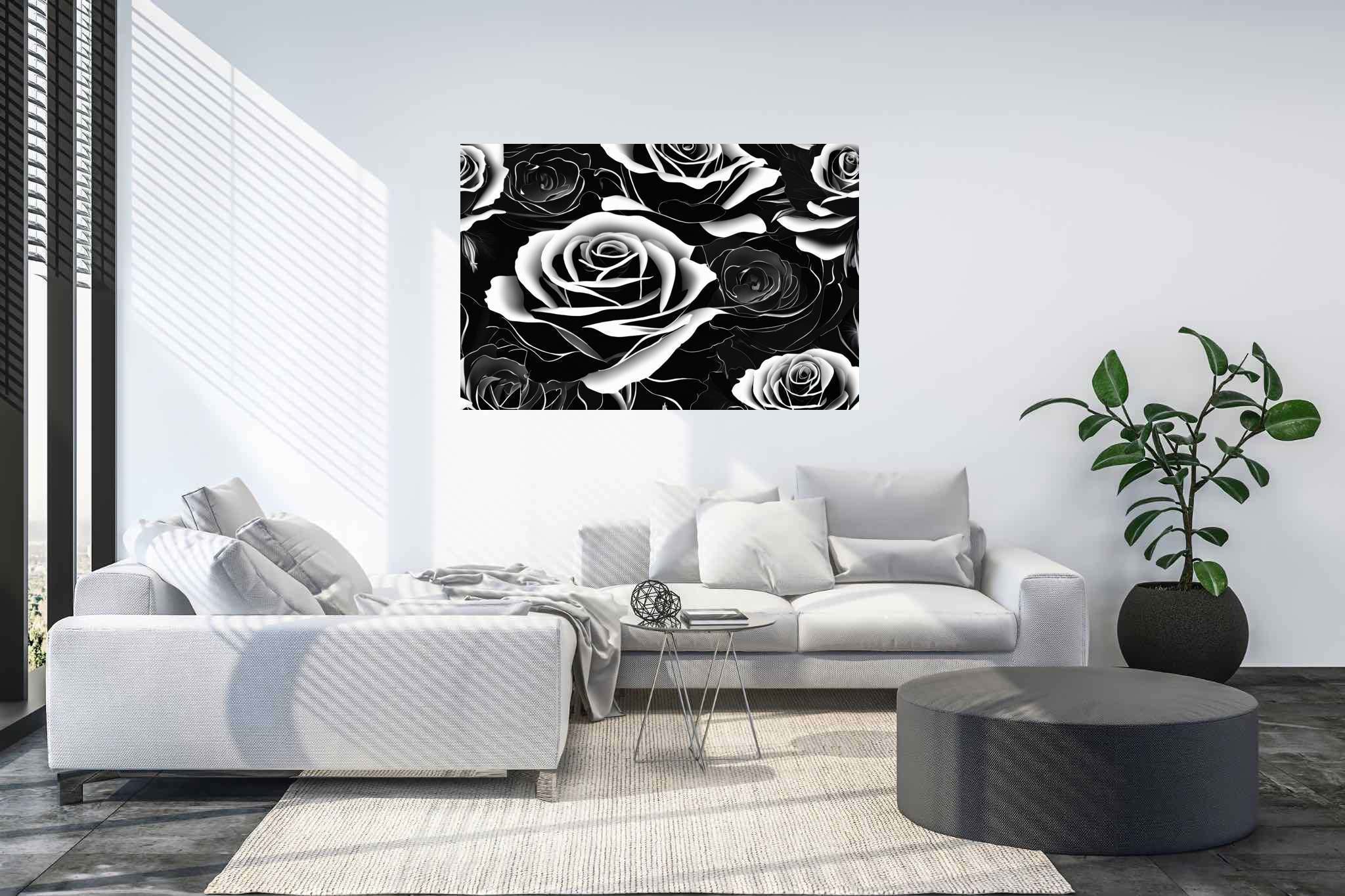 Monochrome rose ballet: Rose art with garden-themed artwork, in a room with chic decor, digital art pieces, and stylish accessories. The art can be printed on poster, framed poster, canvas, metal, acrylic or wood, exclusively at WallArtZen. Find this exact print at https://wallartzen.com/waz91