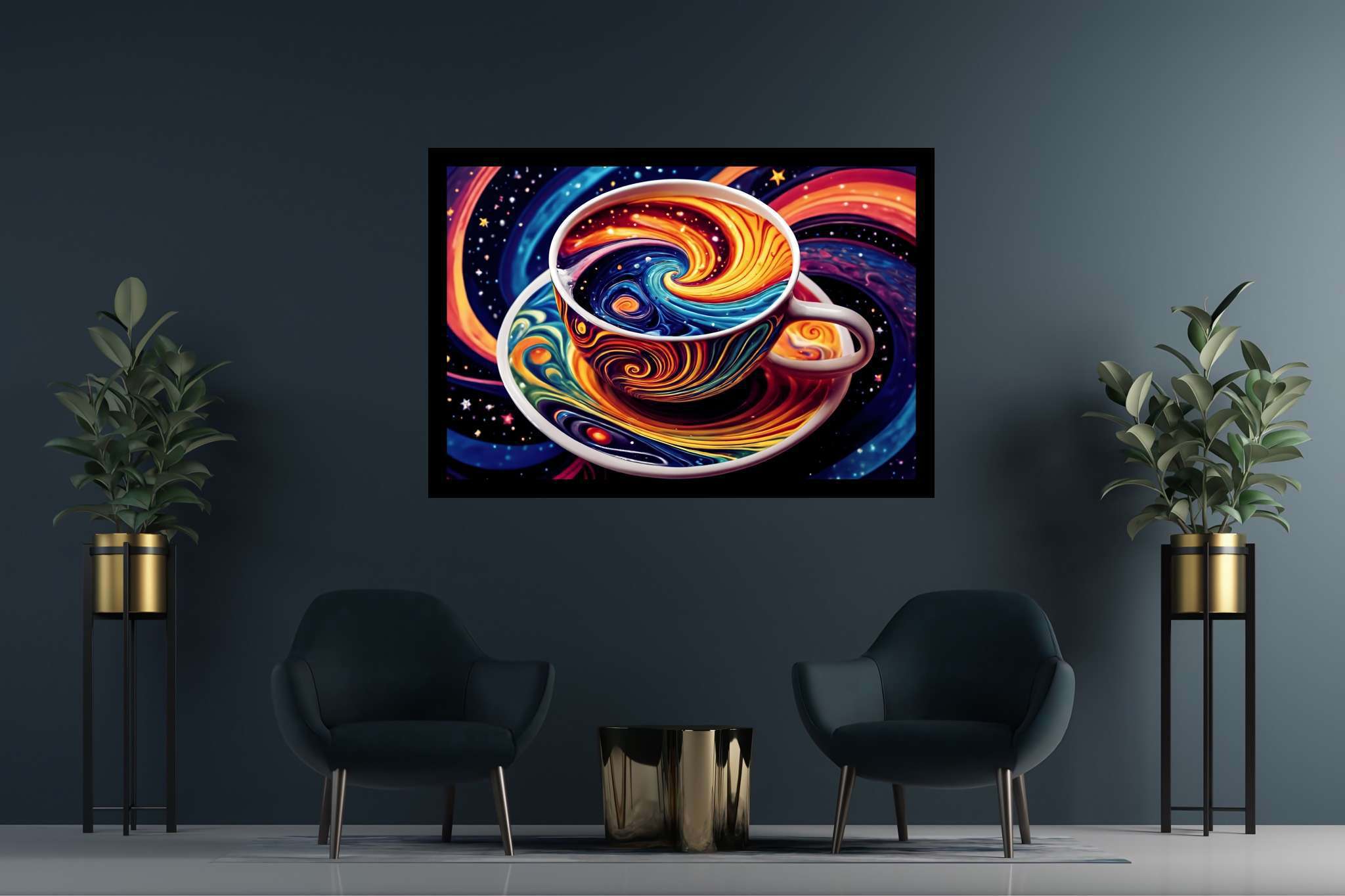 Cosmic caffeine reverie: Surreal coffee cup art with unconventional, in a room with contemporary flair, wall art, and decorative pieces. The art can be printed on poster, framed poster, canvas, metal, acrylic or wood, exclusively at WallArtZen. Find this exact print at https://wallartzen.com/waz93