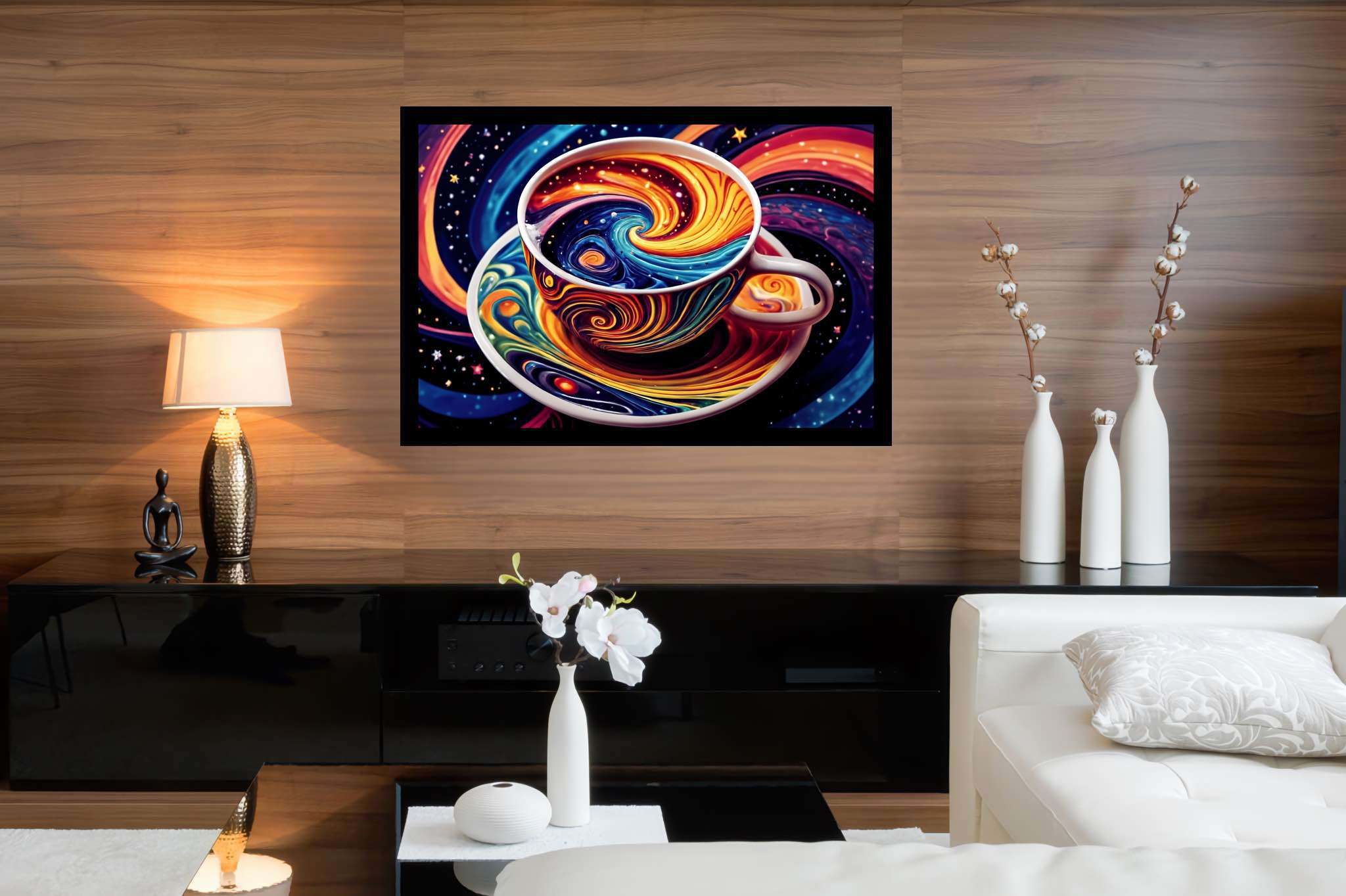 Cosmic caffeine reverie: Surreal coffee cup art with abstract imagination, in a room with chic decor, digital art pieces, and designer furniture. The art can be printed on poster, framed poster, canvas, metal, acrylic or wood, exclusively at WallArtZen. Find this exact print at https://wallartzen.com/waz93