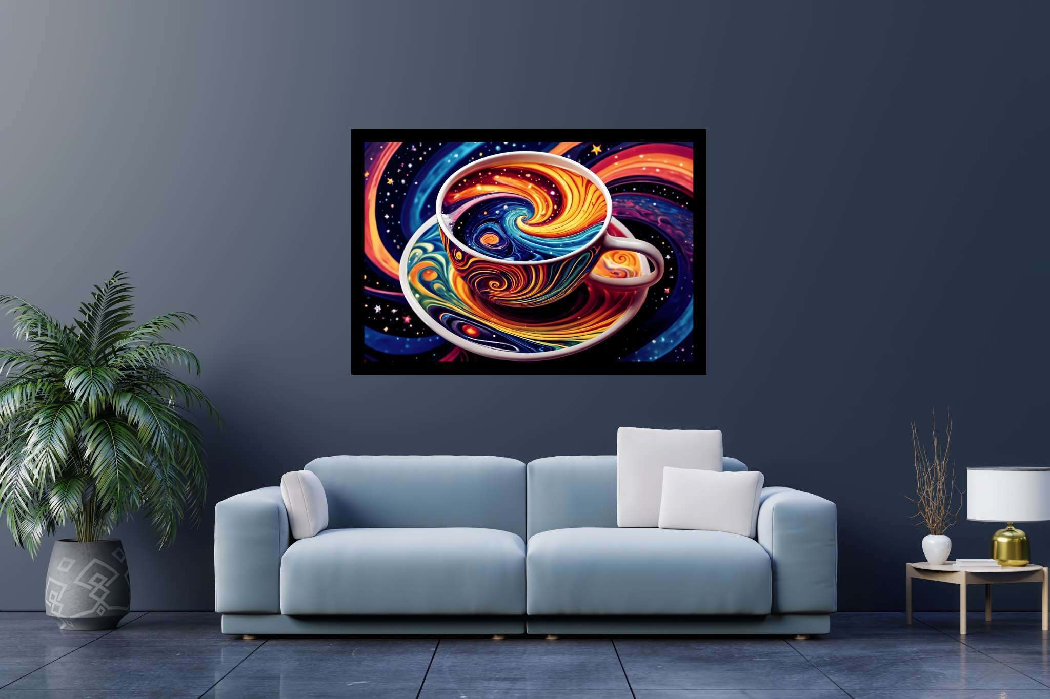 Cosmic caffeine reverie: Surreal coffee cup art with peculiar, in a room with chic decor, bespoke art designs, and elegant home goods. The art can be printed on poster, framed poster, canvas, metal, acrylic or wood, exclusively at WallArtZen. Find this exact print at https://wallartzen.com/waz93