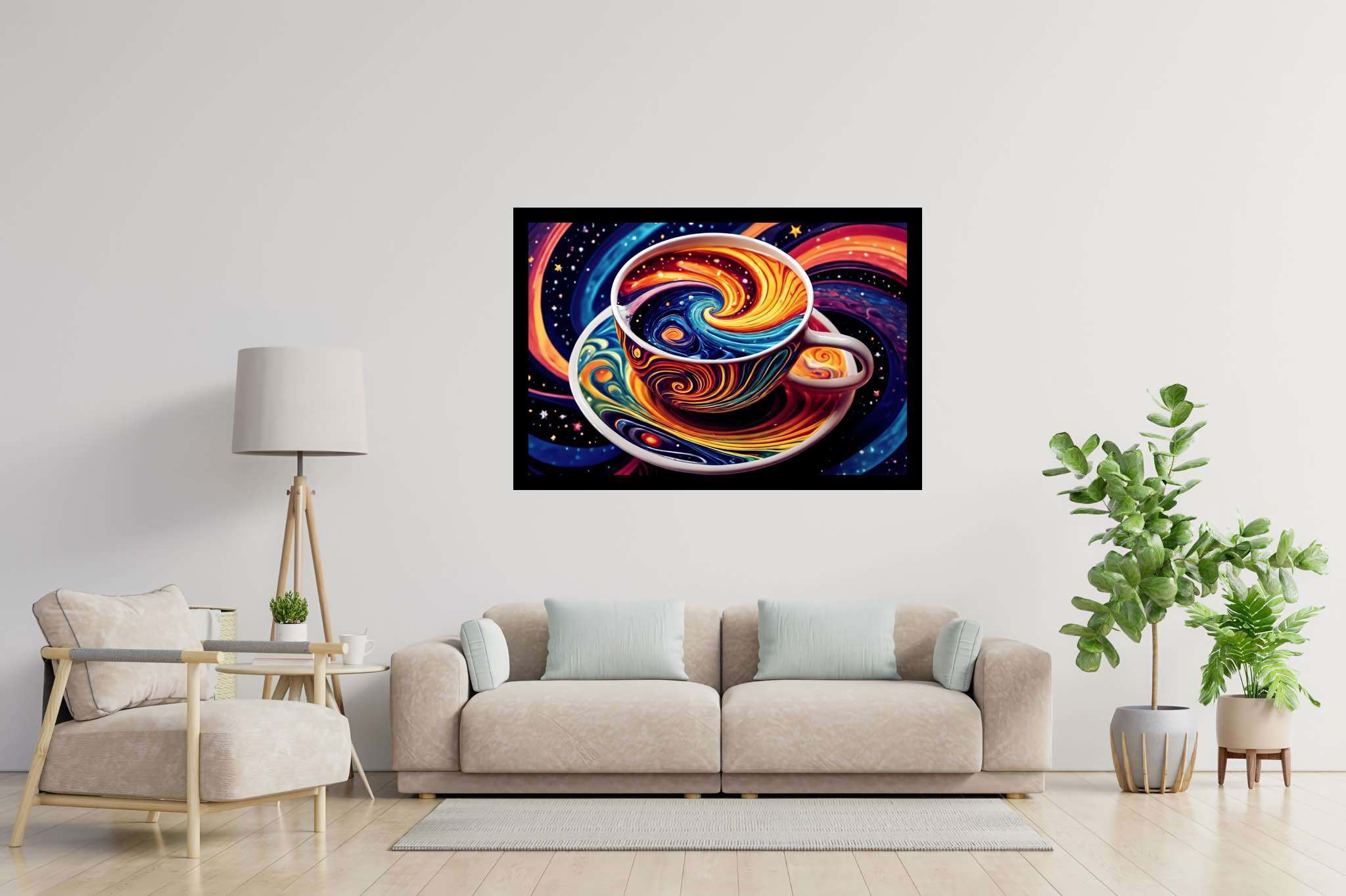 Cosmic caffeine reverie: Surreal coffee cup art with peculiar, in a room with chic decor, gallery-quality artwork, and artisan decor. The art can be printed on poster, framed poster, canvas, metal, acrylic or wood, exclusively at WallArtZen. Find this exact print at https://wallartzen.com/waz93