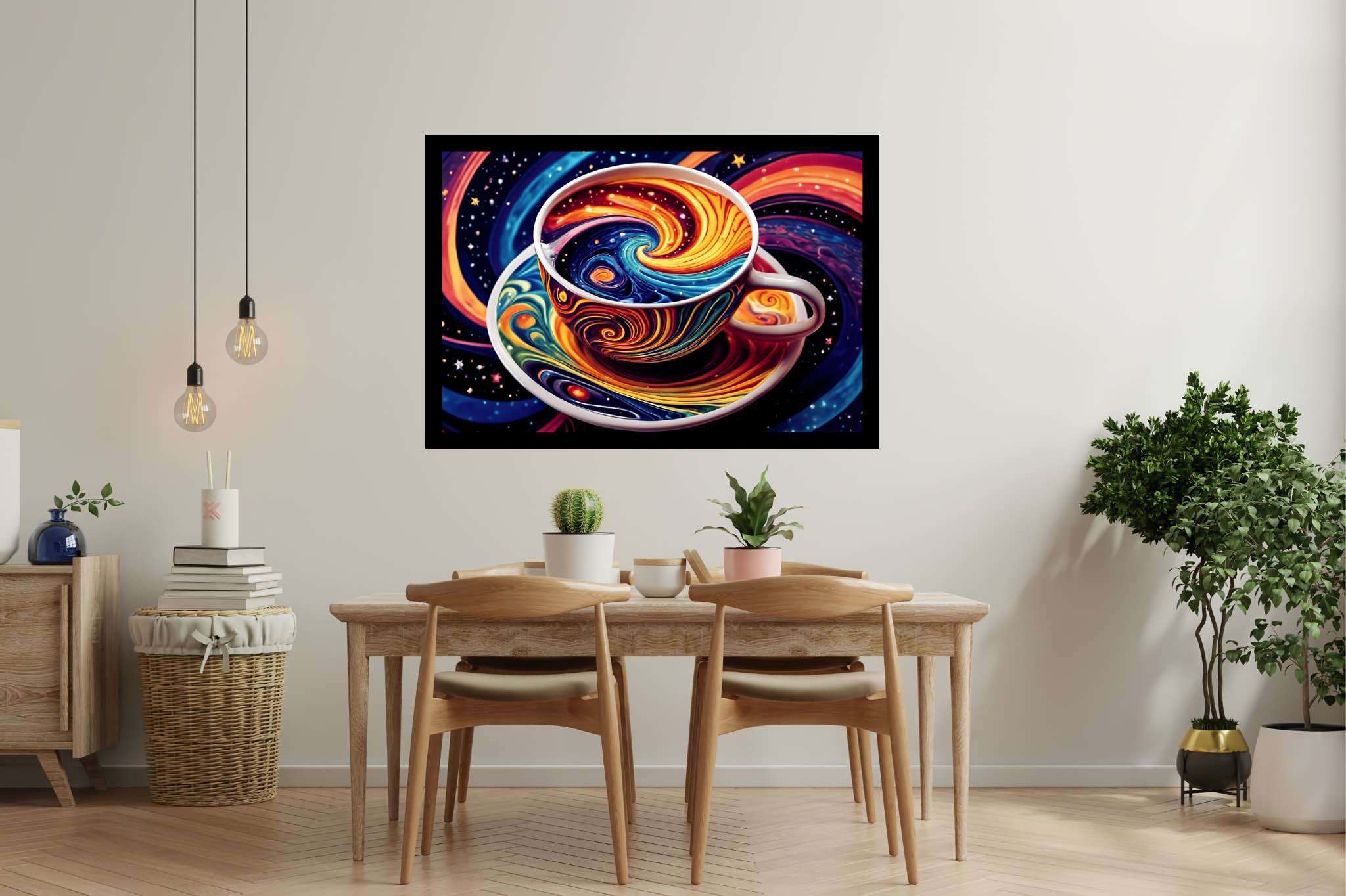 Cosmic caffeine reverie: Surreal coffee cup art with fantasy, in a room with chic decor, canvas prints, and decorative pieces. The art can be printed on poster, framed poster, canvas, metal, acrylic or wood, exclusively at WallArtZen. Find this exact print at https://wallartzen.com/waz93