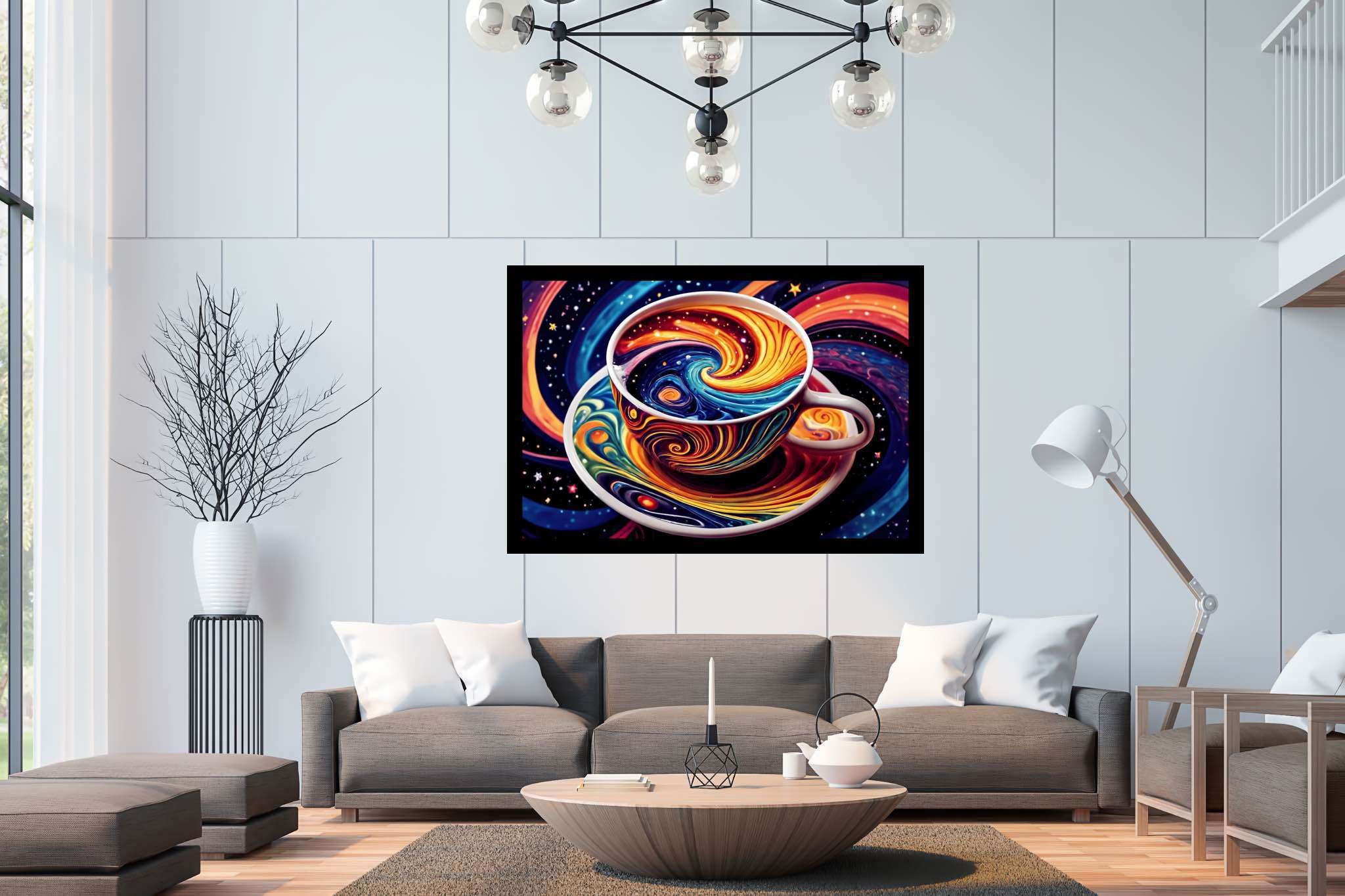 Cosmic caffeine reverie: Surreal coffee cup art with fantasy, in a room with urban design, wall art, and interior decorations. The art can be printed on poster, framed poster, canvas, metal, acrylic or wood, exclusively at WallArtZen. Find this exact print at https://wallartzen.com/waz93