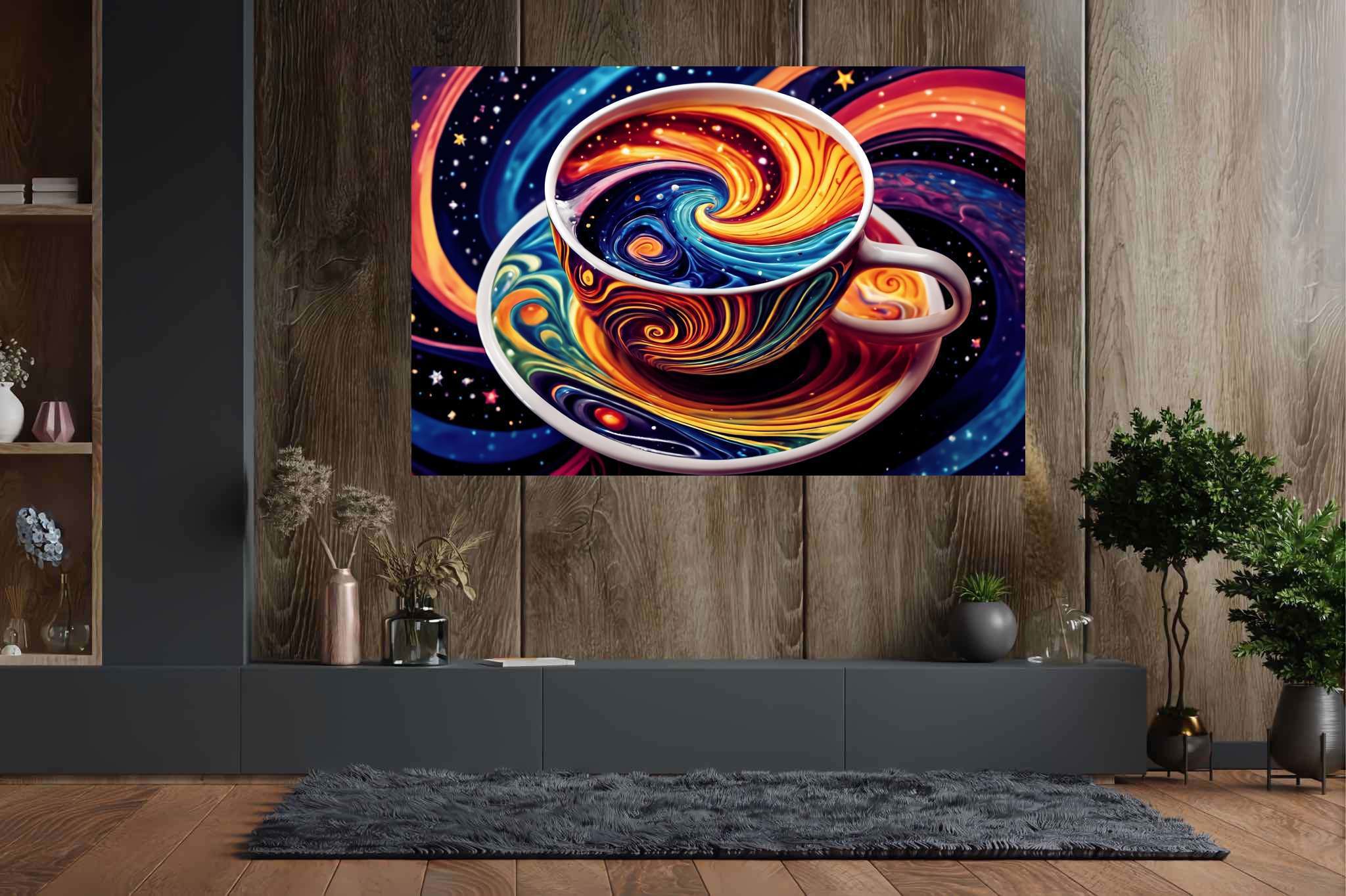 Cosmic caffeine reverie: Surreal coffee cup art with abstract imagination, in a room with classic elegance, wall hangings, and designer furniture. The art can be printed on poster, framed poster, canvas, metal, acrylic or wood, exclusively at WallArtZen. Find this exact print at https://wallartzen.com/waz93