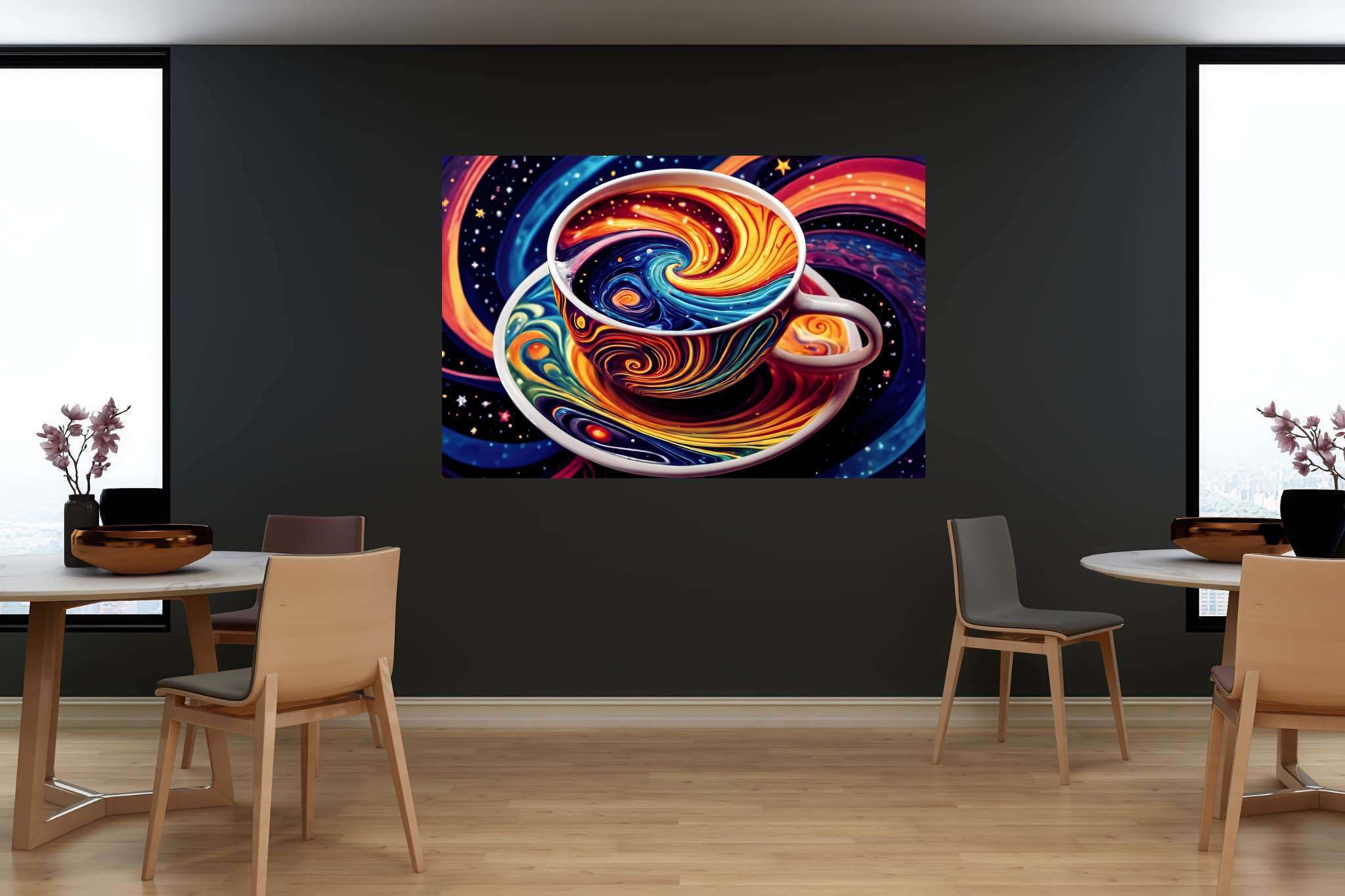 Cosmic caffeine reverie: Surreal coffee cup art with surreal coffee cup art, in a room with urban design, mural artworks, and home styling items. The art can be printed on poster, framed poster, canvas, metal, acrylic or wood, exclusively at WallArtZen. Find this exact print at https://wallartzen.com/waz93