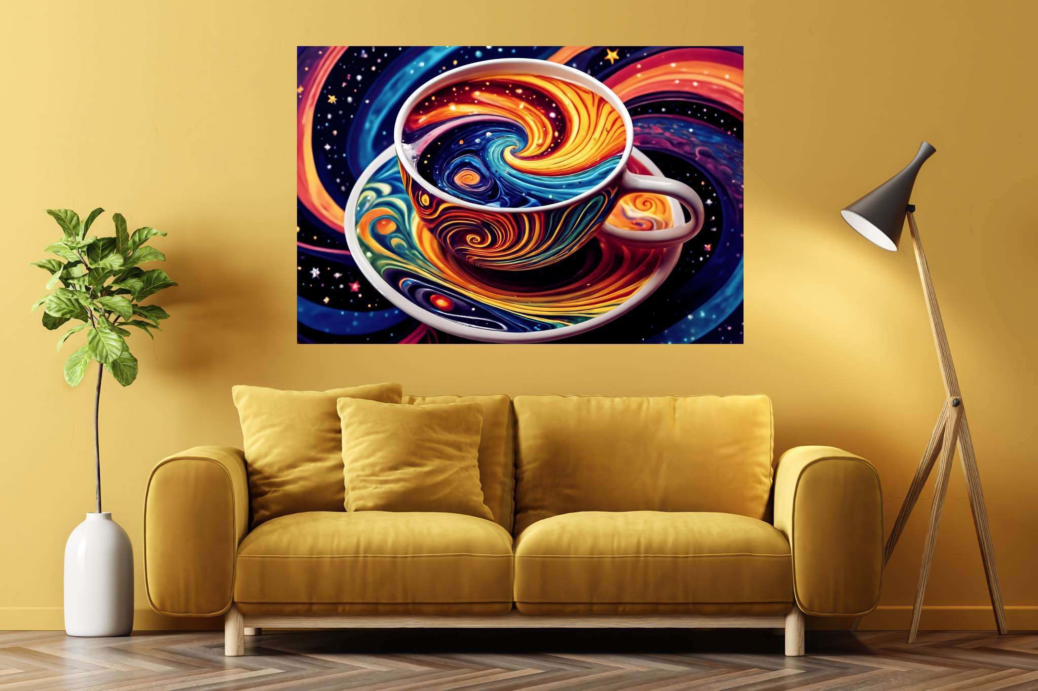 Cosmic caffeine reverie: Surreal coffee cup art with fantasy, in a room with contemporary flair, photographic wall art, and luxe decor. The art can be printed on poster, framed poster, canvas, metal, acrylic or wood, exclusively at WallArtZen. Find this exact print at https://wallartzen.com/waz93