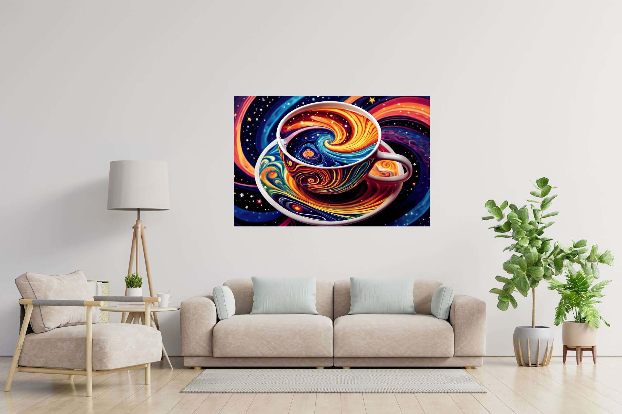 Cosmic caffeine reverie: Surreal coffee cup art with unconventional, in a room with innovative layout, wall art, and elegant home goods. The art can be printed on poster, framed poster, canvas, metal, acrylic or wood, exclusively at WallArtZen. Find this exact print at https://wallartzen.com/waz93