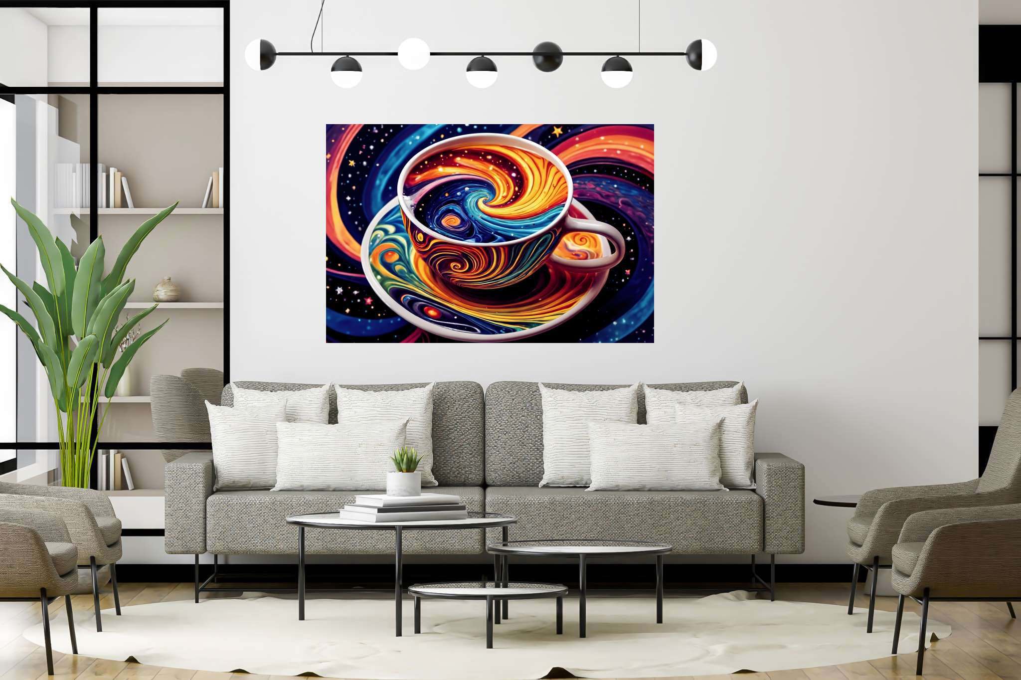 Cosmic caffeine reverie: Surreal coffee cup art with fantasy, in a room with artistic style, wall hangings, and interior decorations. The art can be printed on poster, framed poster, canvas, metal, acrylic or wood, exclusively at WallArtZen. Find this exact print at https://wallartzen.com/waz93