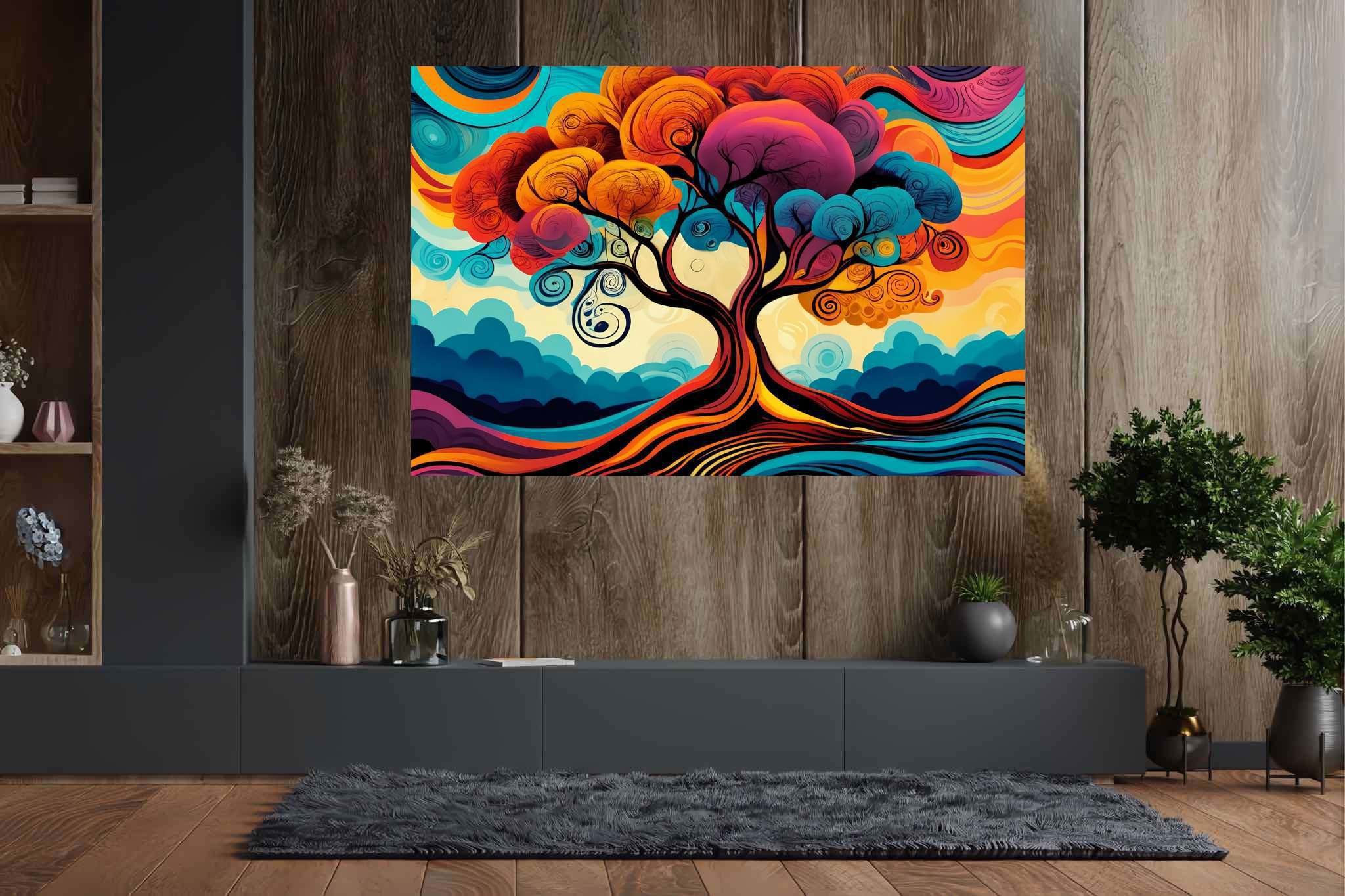 Chroma arboreal ballet: Whimsical tree art with fantasy tree drawings, in a room with elegant layout, framed art, and luxe decor. The art can be printed on poster, framed poster, canvas, metal, acrylic or wood, exclusively at WallArtZen. Find this exact print at https://wallartzen.com/waz94
