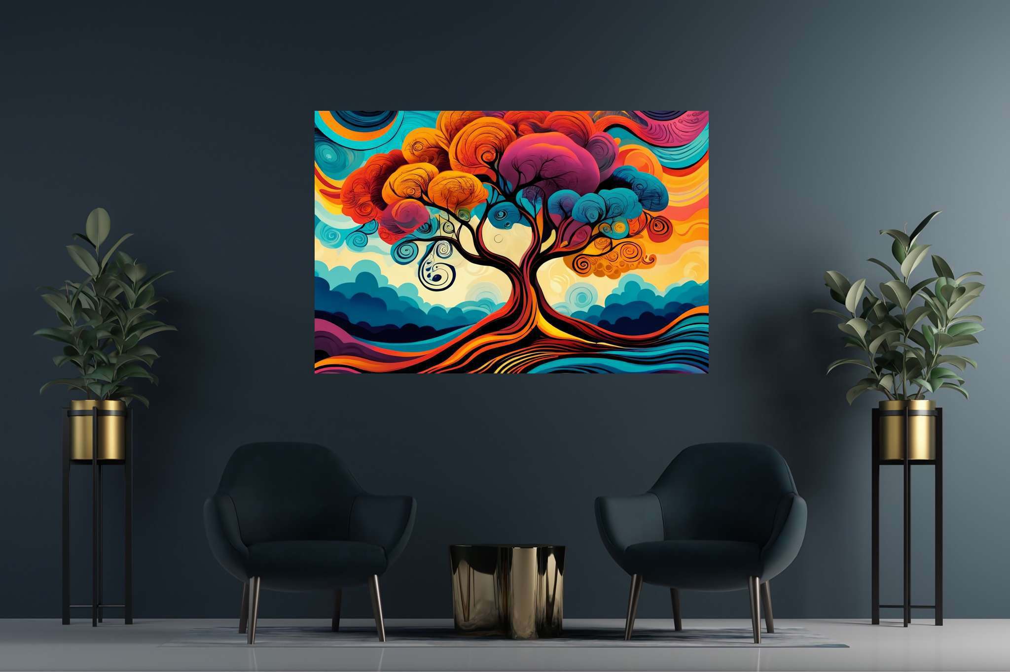 Chroma arboreal ballet: Whimsical tree art with magical tree illustrations, in a room with innovative layout, wall hangings, and designer furniture. The art can be printed on poster, framed poster, canvas, metal, acrylic or wood, exclusively at WallArtZen. Find this exact print at https://wallartzen.com/waz94