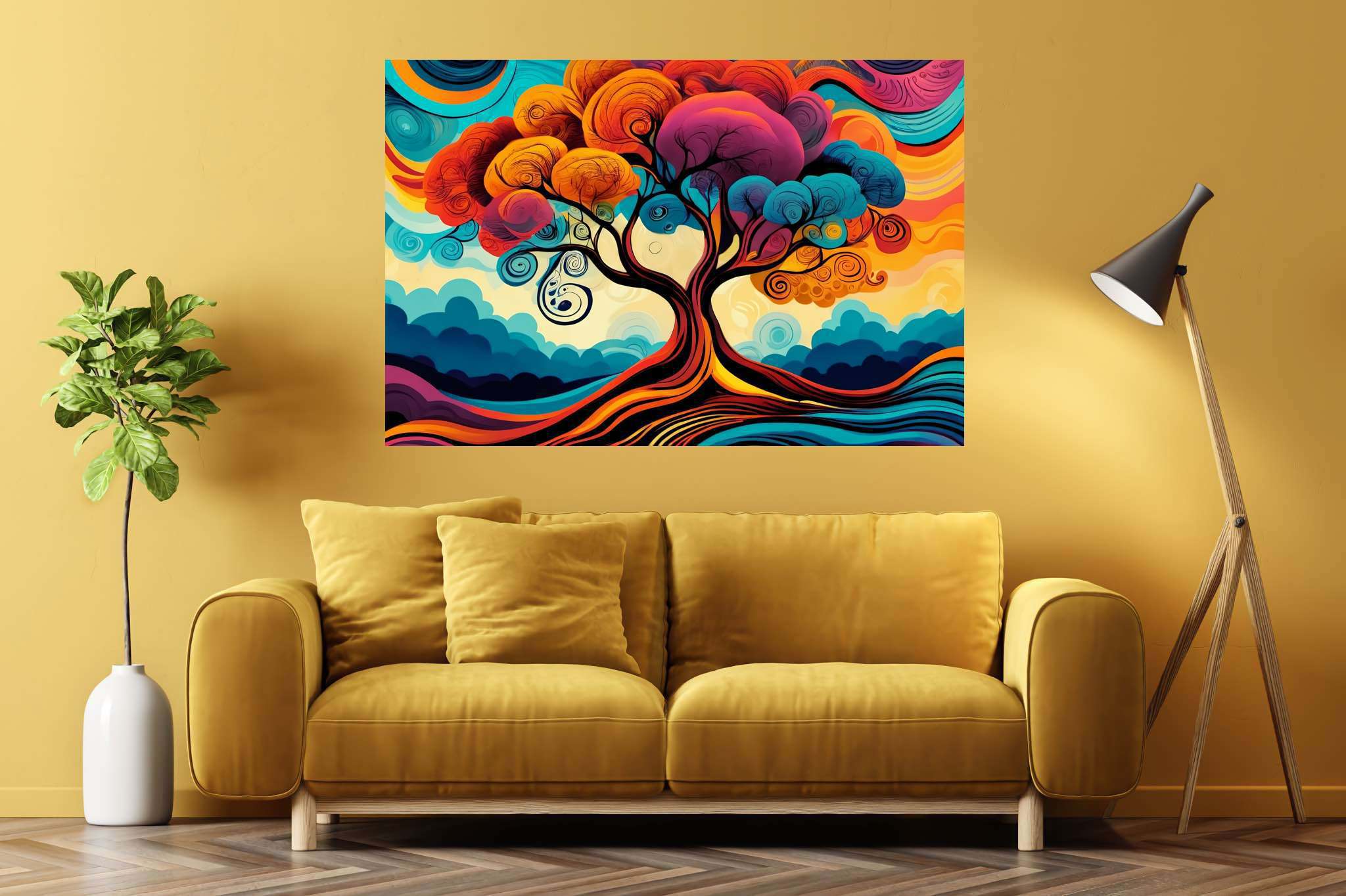 Chroma arboreal ballet: Whimsical tree art with whimsical landscape artwork, in a room with elegant layout, photographic wall art, and designer furniture. The art can be printed on poster, framed poster, canvas, metal, acrylic or wood, exclusively at WallArtZen. Find this exact print at https://wallartzen.com/waz94
