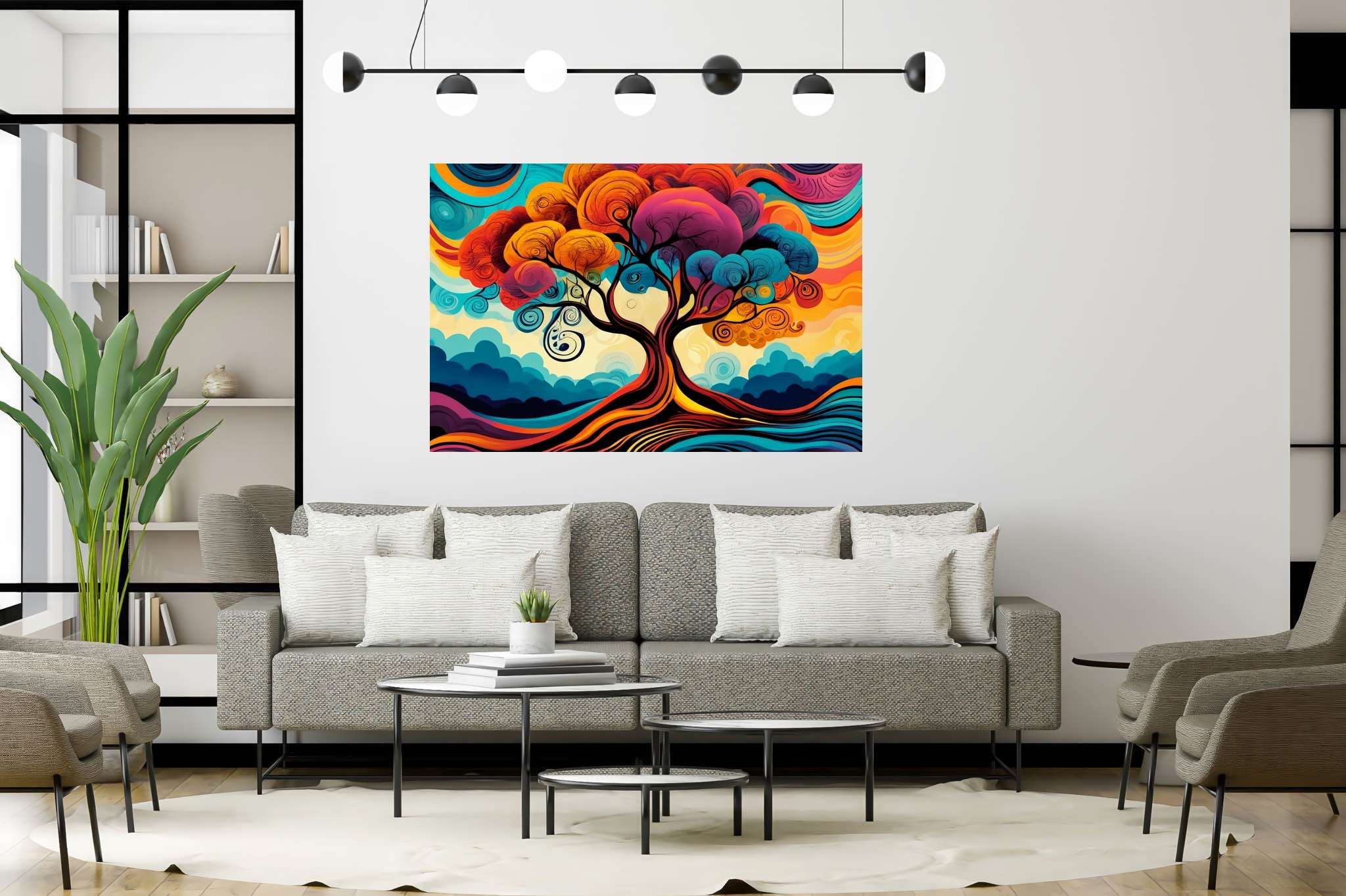 Chroma arboreal ballet: Whimsical tree art with magical tree illustrations, in a room with modern style, framed art, and elegant home goods. The art can be printed on poster, framed poster, canvas, metal, acrylic or wood, exclusively at WallArtZen. Find this exact print at https://wallartzen.com/waz94