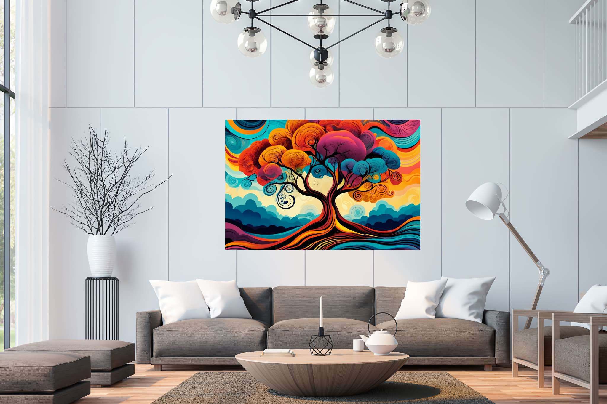 Chroma arboreal ballet: Whimsical tree art with whimsy tree canvas, in a room with chic decor, photographic wall art, and home furnishings. The art can be printed on poster, framed poster, canvas, metal, acrylic or wood, exclusively at WallArtZen. Find this exact print at https://wallartzen.com/waz94