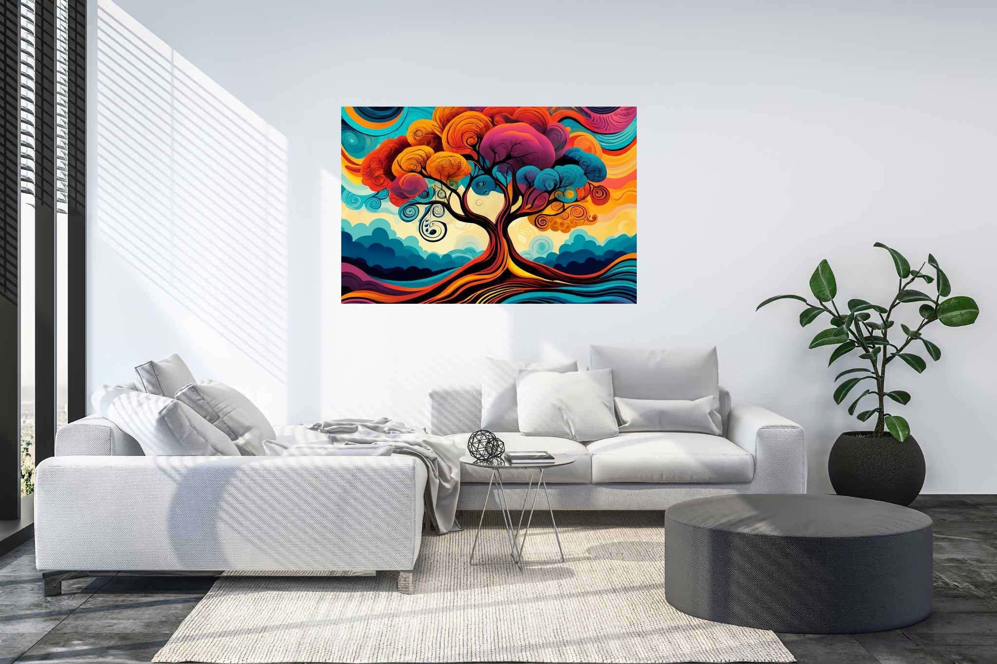 Chroma arboreal ballet: Whimsical tree art with whimsical tree art, in a room with great design, wall art, and trendy home accents. The art can be printed on poster, framed poster, canvas, metal, acrylic or wood, exclusively at WallArtZen. Find this exact print at https://wallartzen.com/waz94