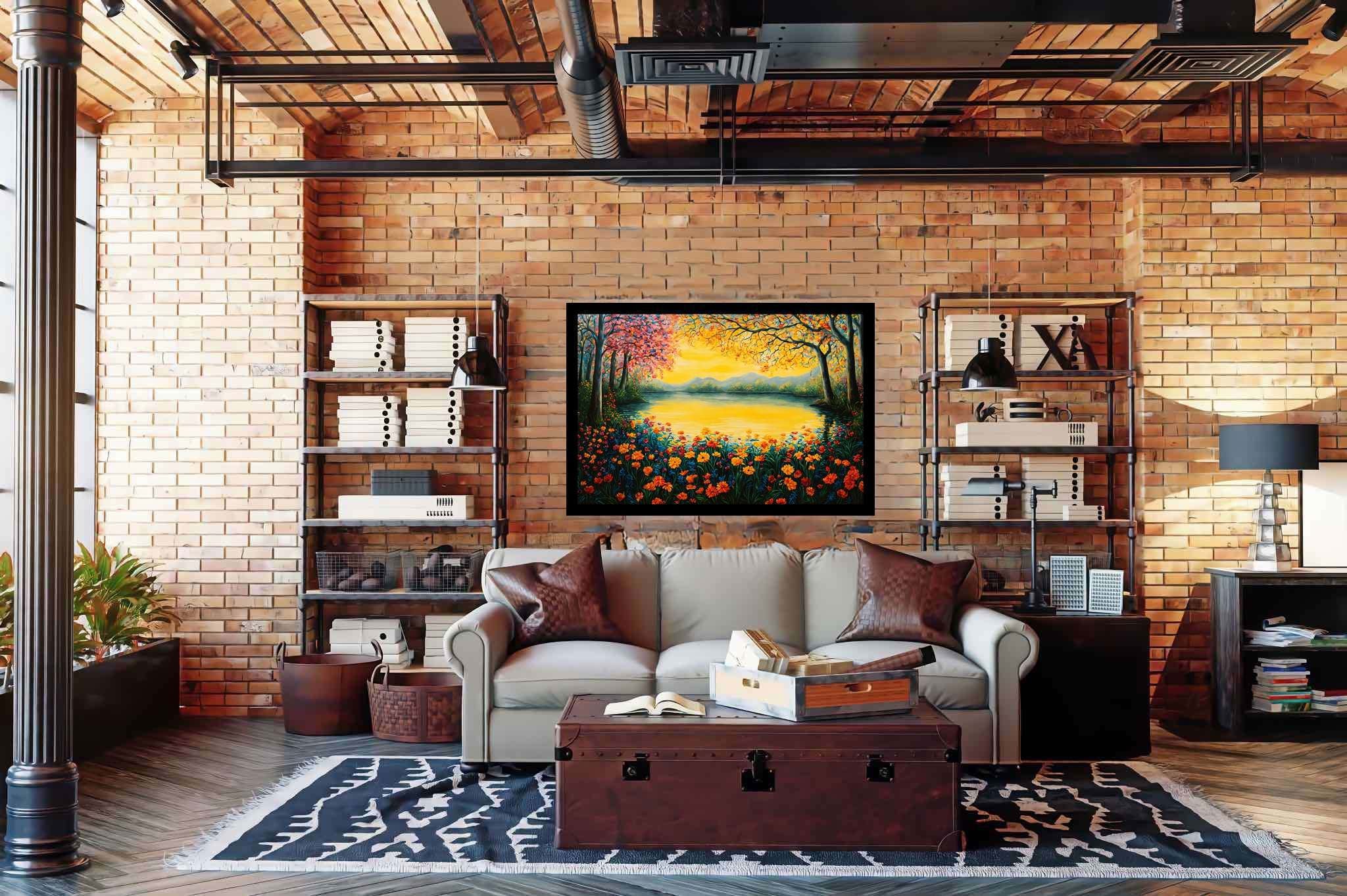 Sunset serenade in bloom: Serene scene art with serene scenery, in a room with contemporary flair, mural artworks, and interior decorations. The art can be printed on poster, framed poster, canvas, metal, acrylic or wood, exclusively at WallArtZen. Find this exact print at https://wallartzen.com/waz95