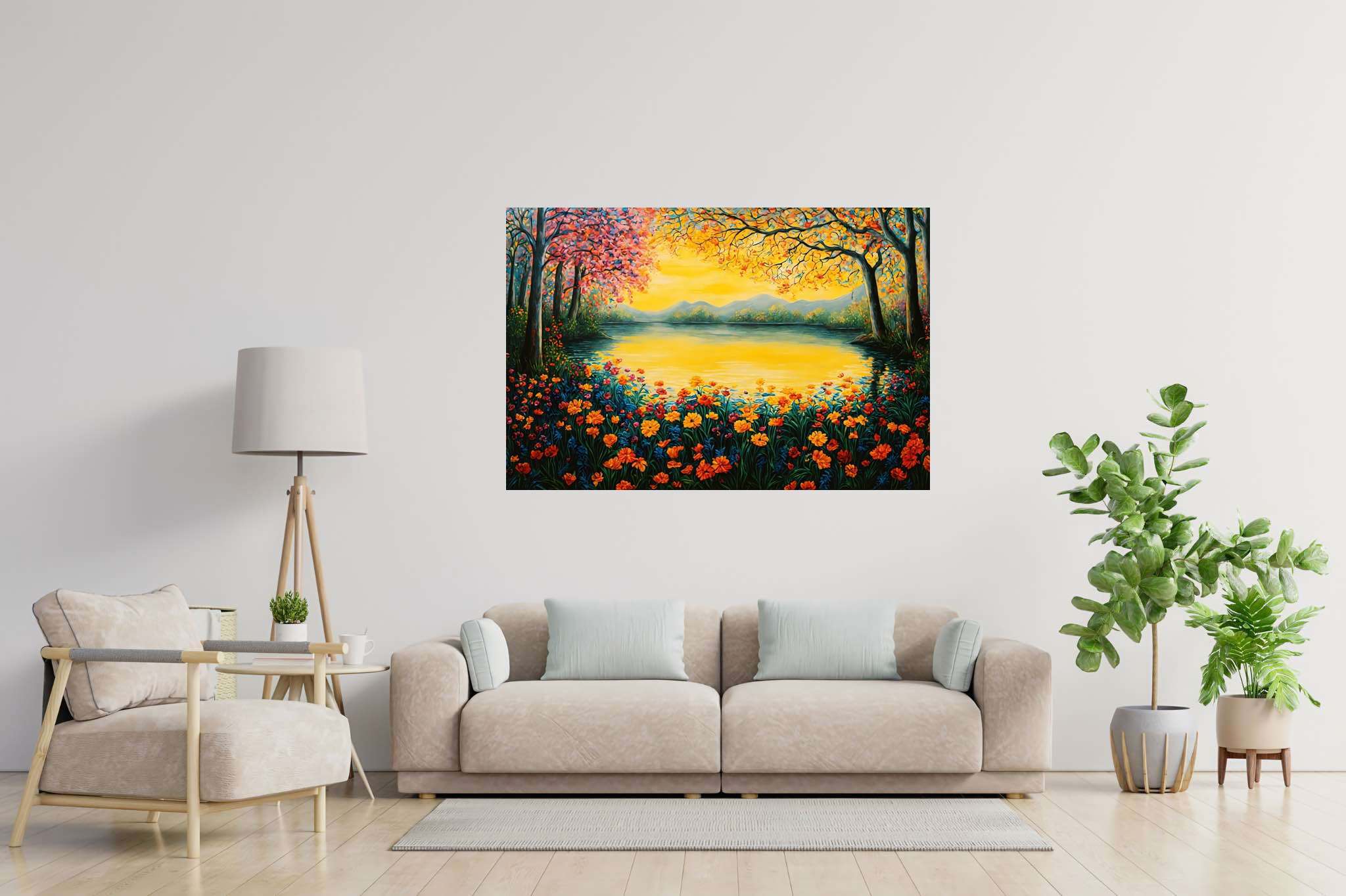 Sunset serenade in bloom: Serene scene art with tranquil scene, in a room with contemporary flair, photographic wall art, and home furnishings. The art can be printed on poster, framed poster, canvas, metal, acrylic or wood, exclusively at WallArtZen. Find this exact print at https://wallartzen.com/waz95