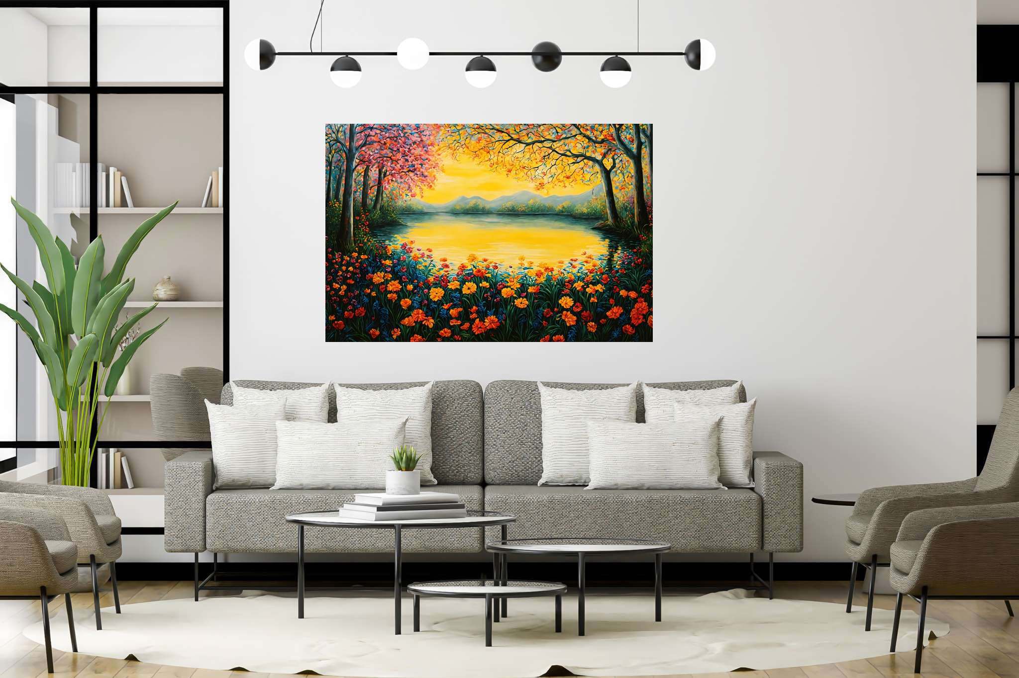 Sunset serenade in bloom: Serene scene art with tranquil nature, in a room with modern style, bespoke art designs, and trendy home accents. The art can be printed on poster, framed poster, canvas, metal, acrylic or wood, exclusively at WallArtZen. Find this exact print at https://wallartzen.com/waz95