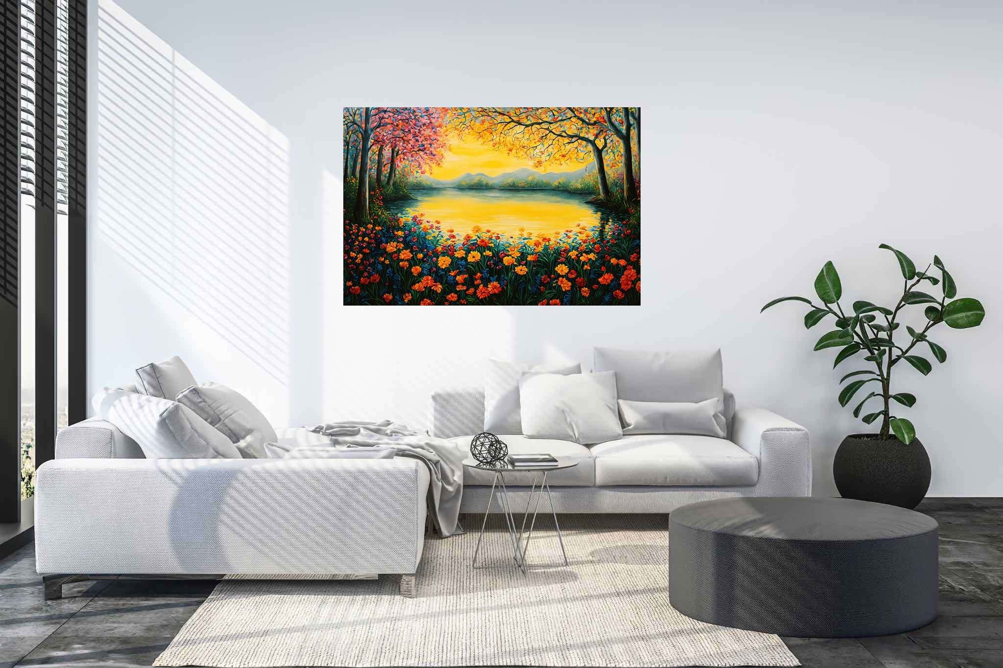 Sunset serenade in bloom: Serene scene art with tranquil painting, in a room with modern style, framed art, and artisan decor. The art can be printed on poster, framed poster, canvas, metal, acrylic or wood, exclusively at WallArtZen. Find this exact print at https://wallartzen.com/waz95