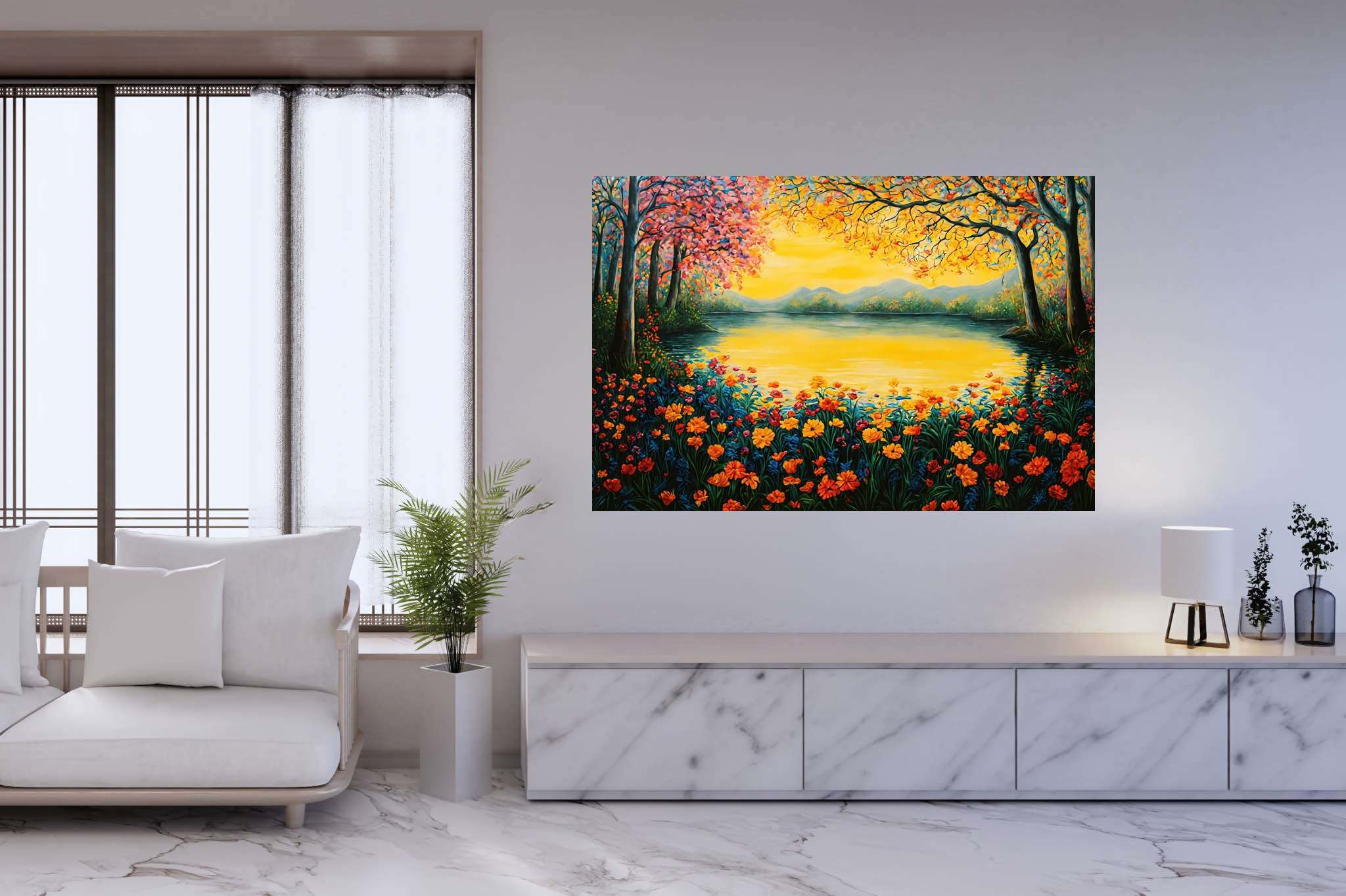 Sunset serenade in bloom: Serene scene art with tranquil artwork, in a room with contemporary flair, mural artworks, and interior decorations. The art can be printed on poster, framed poster, canvas, metal, acrylic or wood, exclusively at WallArtZen. Find this exact print at https://wallartzen.com/waz95