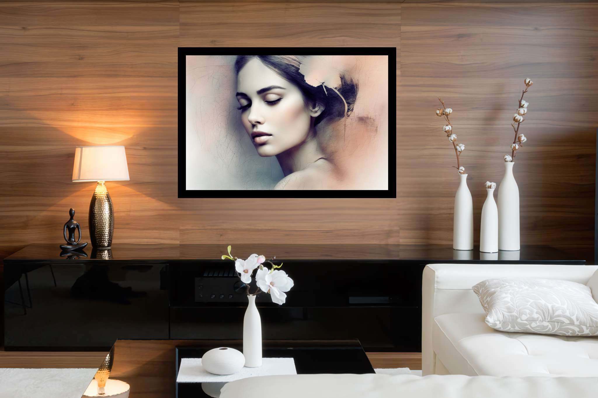 Slumber's silk veil: Dreamy painting art with whimsical canvases, in a room with chic decor, gallery-quality artwork, and interior decorations. The art can be printed on poster, framed poster, canvas, metal, acrylic or wood, exclusively at WallArtZen. Find this exact print at https://wallartzen.com/waz96
