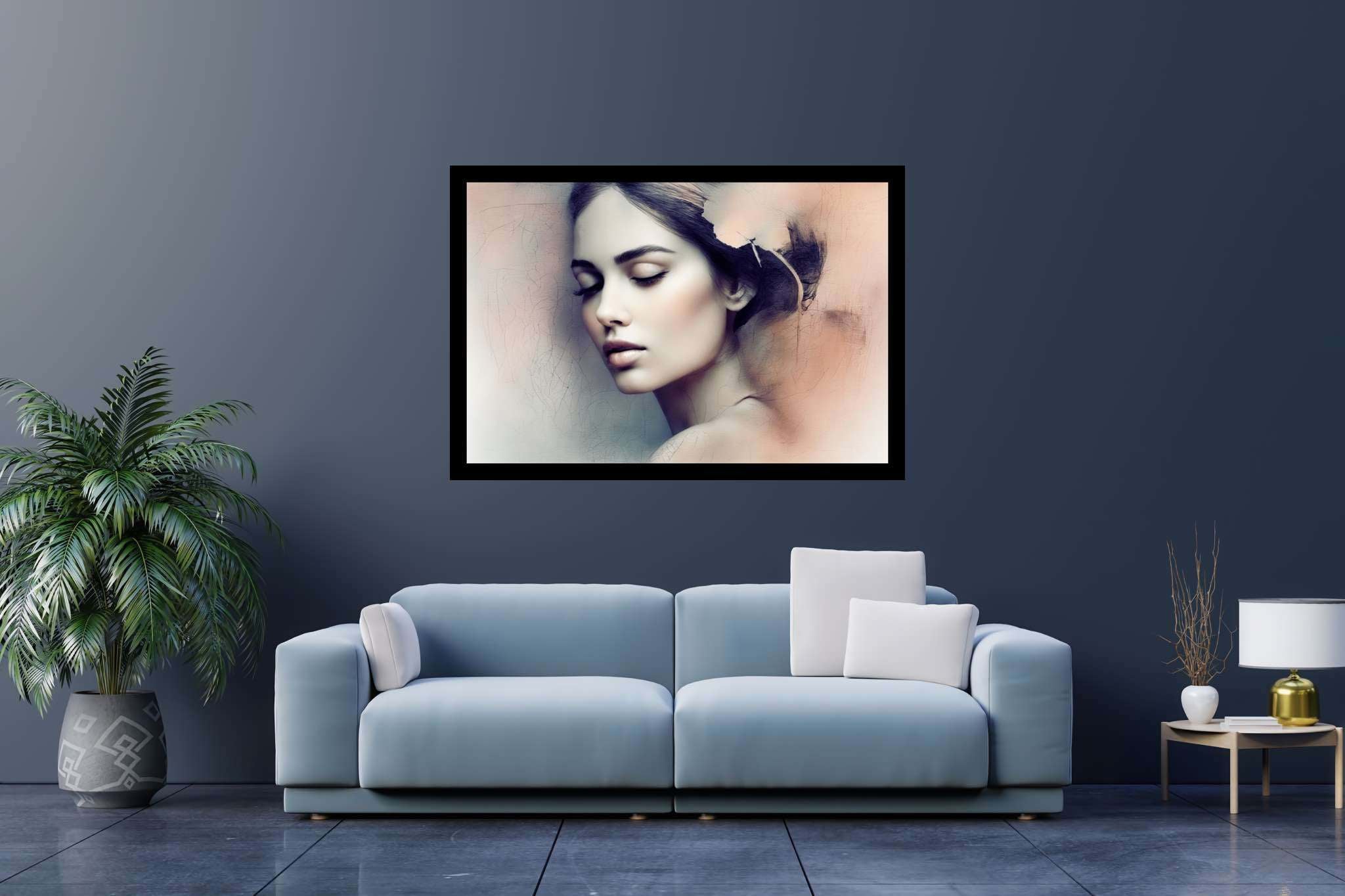 Slumber's silk veil: Dreamy painting art with surrealistic expressions, in a room with minimalist approach, abstract paintings, and artisan decor. The art can be printed on poster, framed poster, canvas, metal, acrylic or wood, exclusively at WallArtZen. Find this exact print at https://wallartzen.com/waz96