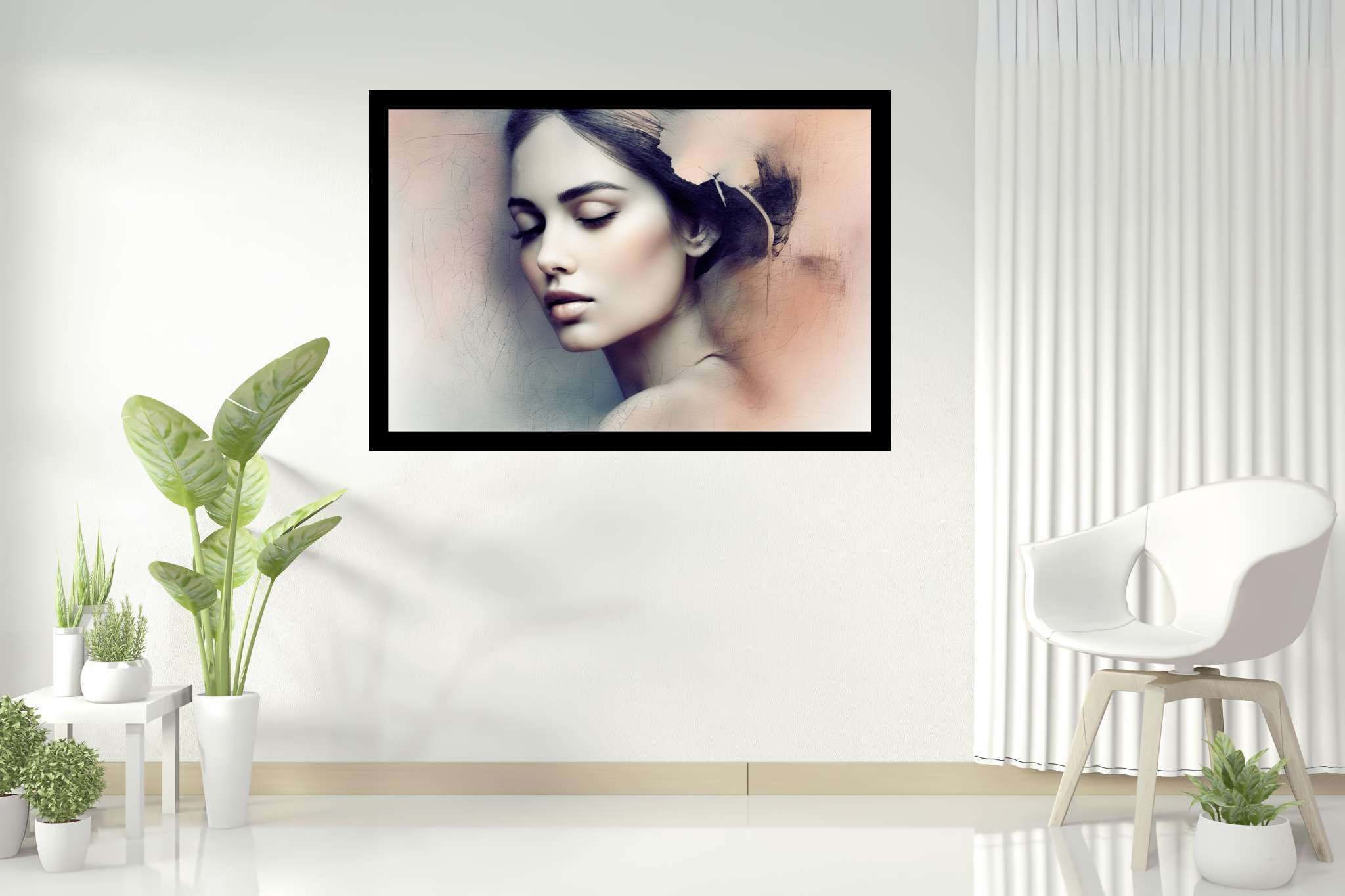 Slumber's silk veil: Dreamy painting art with magical brushstrokes, in a room with modern style, canvas prints, and home furnishings. The art can be printed on poster, framed poster, canvas, metal, acrylic or wood, exclusively at WallArtZen. Find this exact print at https://wallartzen.com/waz96