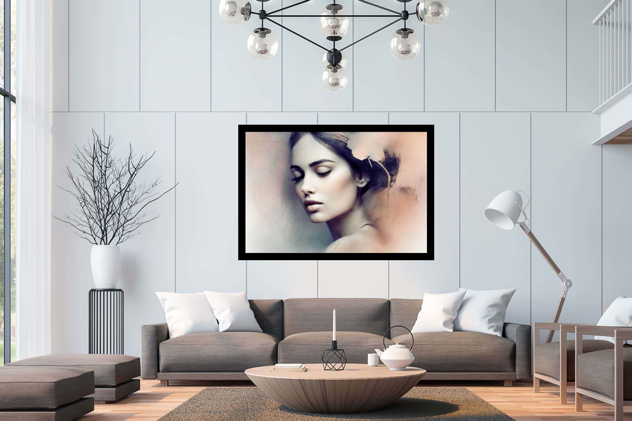 Slumber's silk veil: Dreamy painting art with atmospheric illustrations, in a room with innovative layout, canvas prints, and trendy home accents. The art can be printed on poster, framed poster, canvas, metal, acrylic or wood, exclusively at WallArtZen. Find this exact print at https://wallartzen.com/waz96