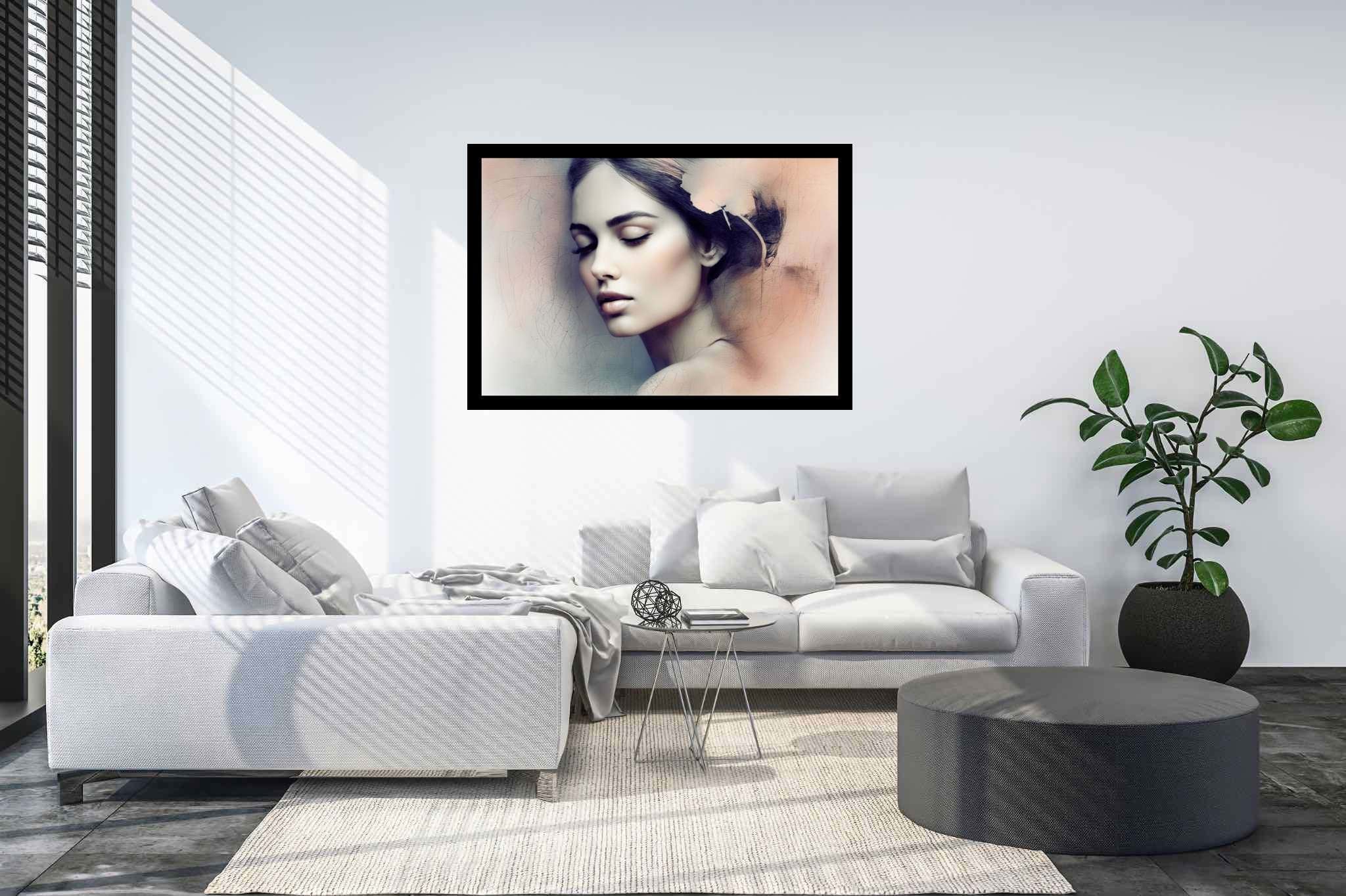 Slumber's silk veil: Dreamy painting art with surrealistic expressions, in a room with innovative layout, mural artworks, and artisan decor. The art can be printed on poster, framed poster, canvas, metal, acrylic or wood, exclusively at WallArtZen. Find this exact print at https://wallartzen.com/waz96