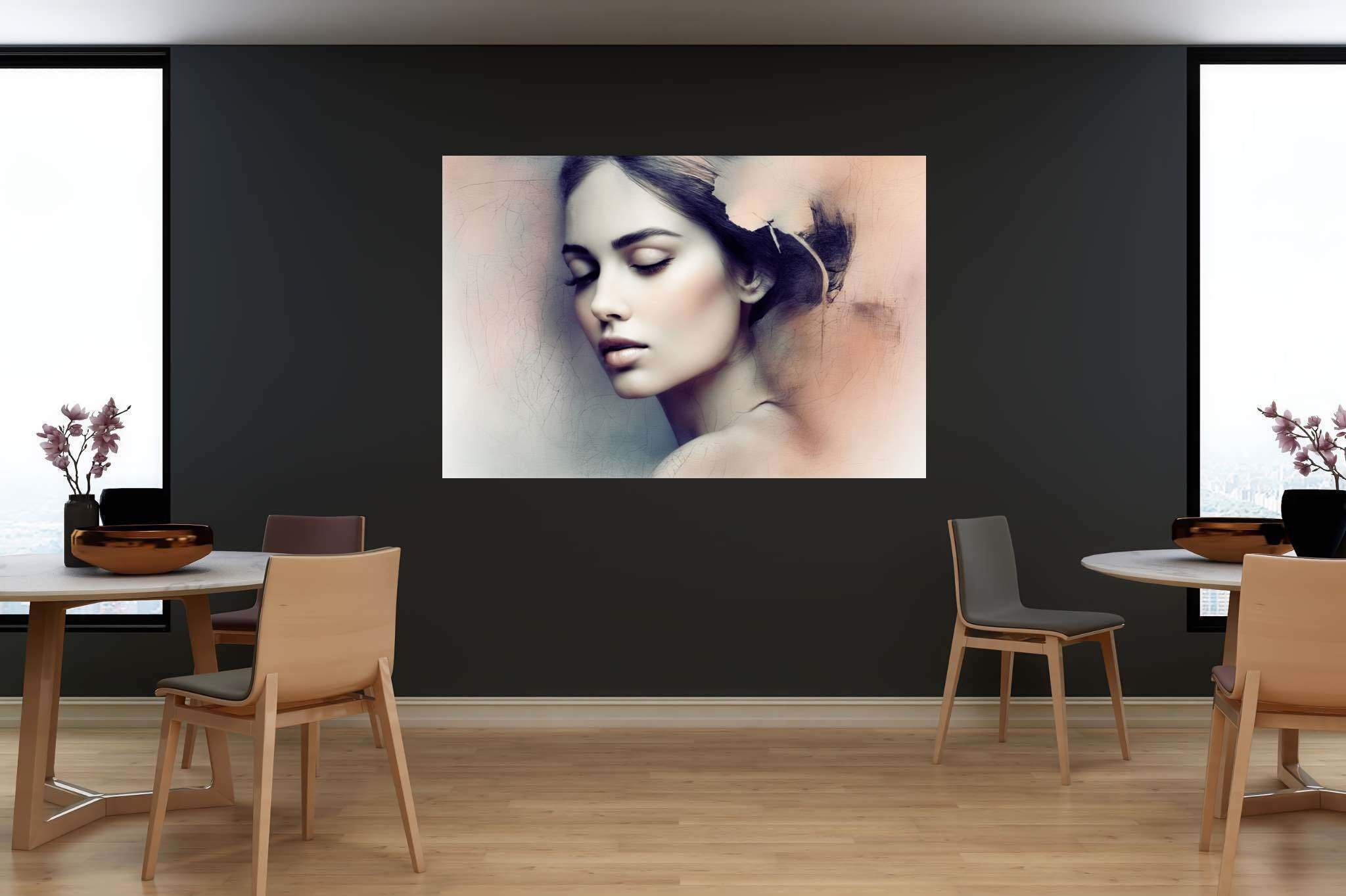 Slumber's silk veil: Dreamy painting art with ethereal artwork, in a room with innovative layout, framed art, and stylish accessories. The art can be printed on poster, framed poster, canvas, metal, acrylic or wood, exclusively at WallArtZen. Find this exact print at https://wallartzen.com/waz96