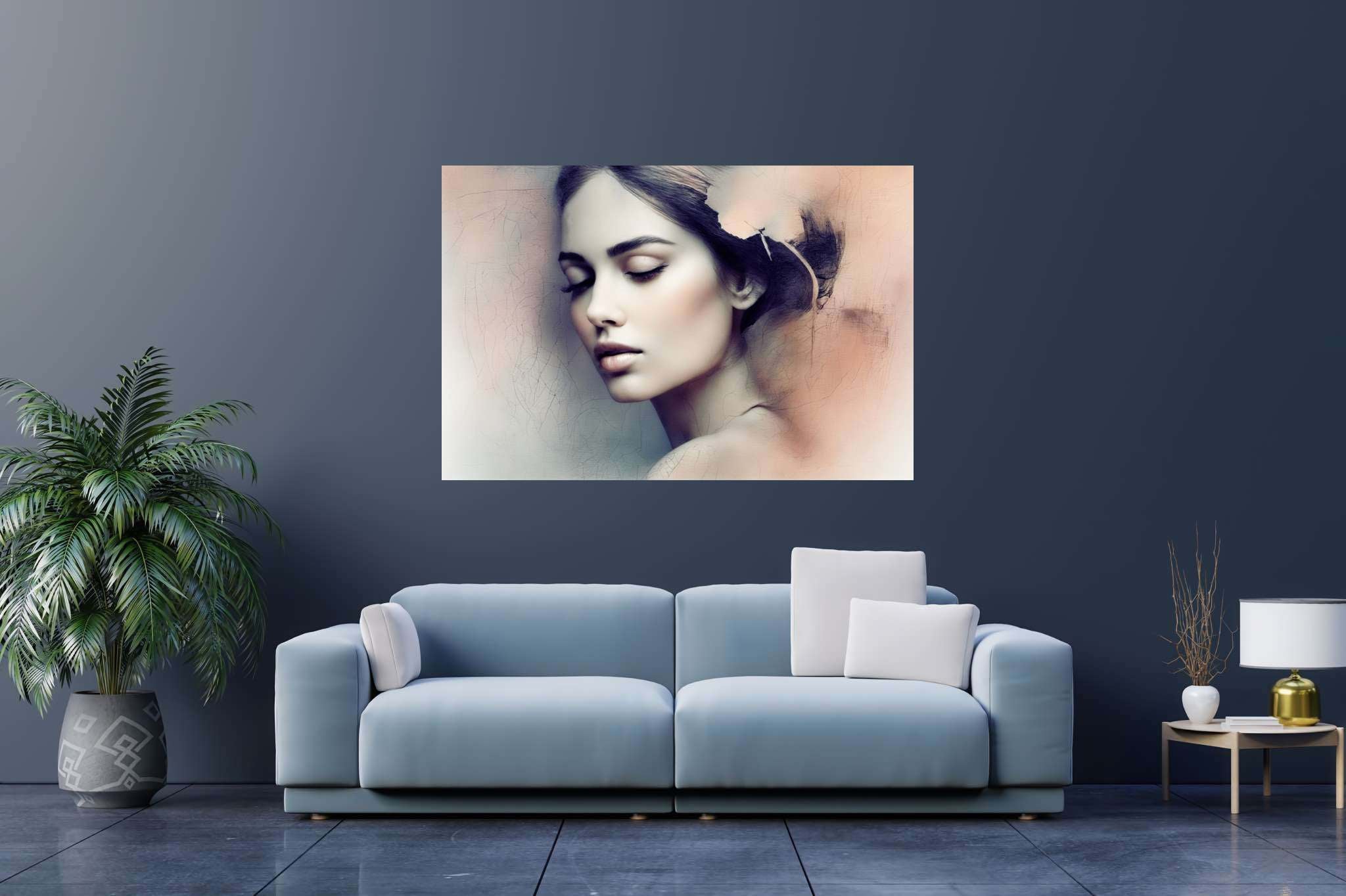 Slumber's silk veil: Dreamy painting art with imaginative creations, in a room with elegant layout, wall hangings, and stylish accessories. The art can be printed on poster, framed poster, canvas, metal, acrylic or wood, exclusively at WallArtZen. Find this exact print at https://wallartzen.com/waz96