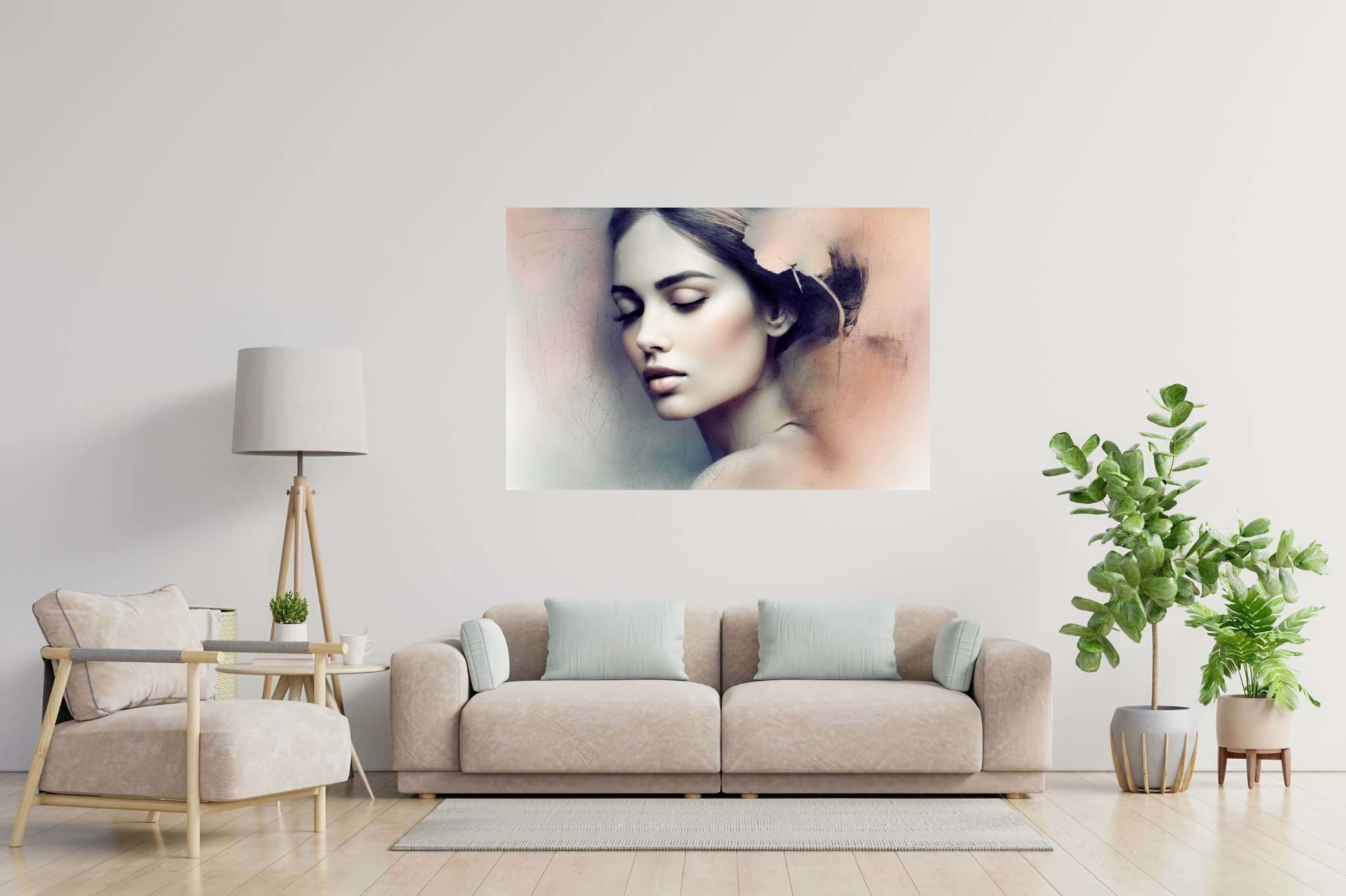 Slumber's silk veil: Dreamy painting art with fantasy-inspired art, in a room with elegant layout, wall hangings, and home styling items. The art can be printed on poster, framed poster, canvas, metal, acrylic or wood, exclusively at WallArtZen. Find this exact print at https://wallartzen.com/waz96