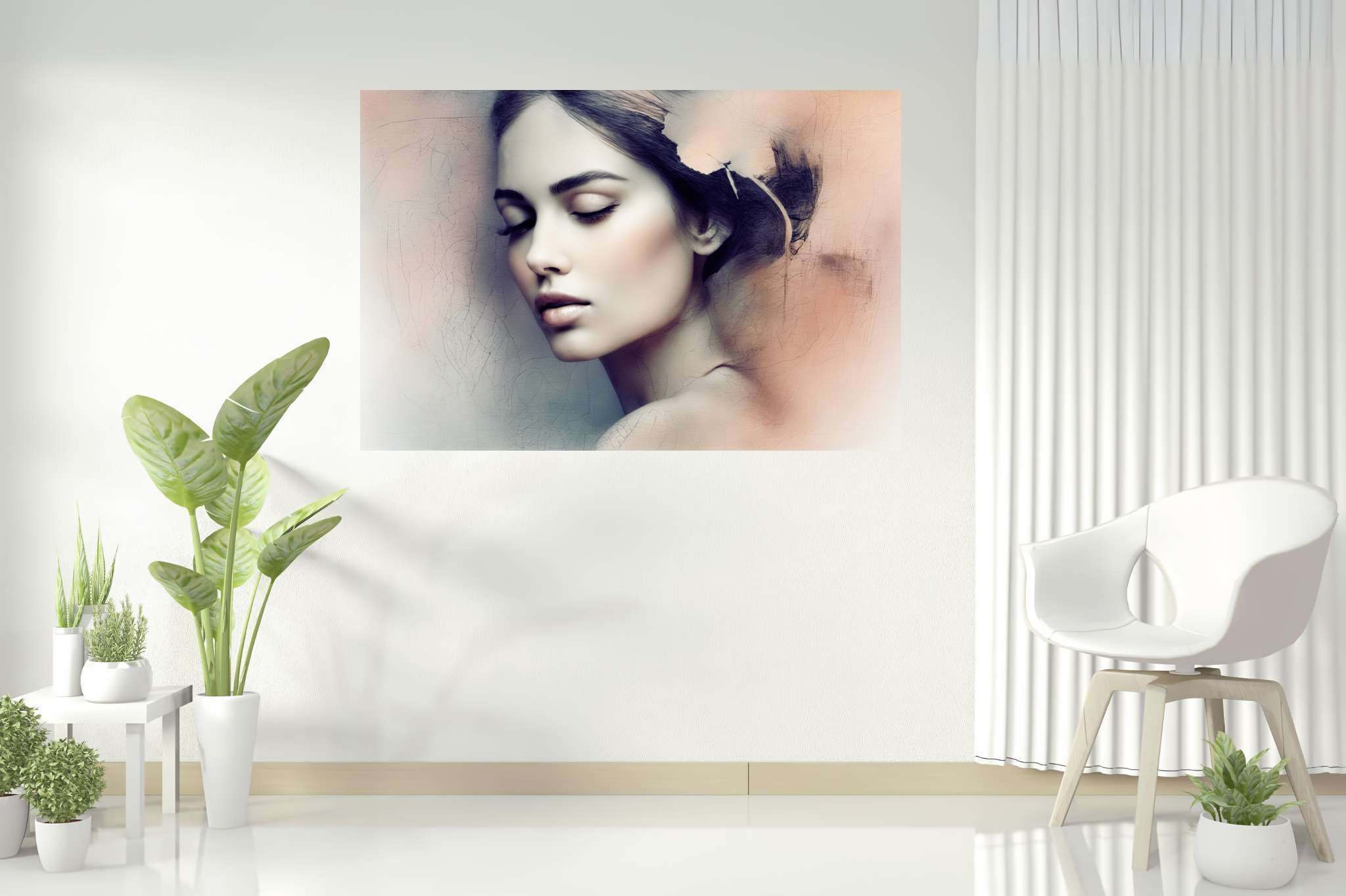 Slumber's silk veil: Dreamy painting art with dreamy painting art, in a room with urban design, fine art prints, and designer furniture. The art can be printed on poster, framed poster, canvas, metal, acrylic or wood, exclusively at WallArtZen. Find this exact print at https://wallartzen.com/waz96