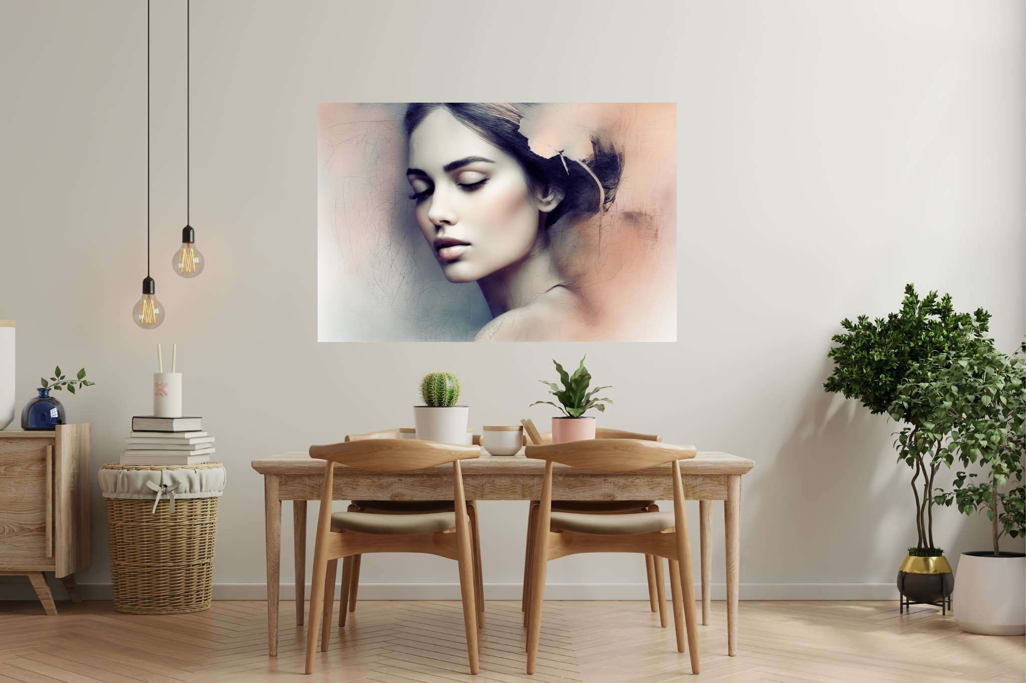 Slumber's silk veil: Dreamy painting art with ethereal artwork, in a room with innovative layout, wall art, and interior decorations. The art can be printed on poster, framed poster, canvas, metal, acrylic or wood, exclusively at WallArtZen. Find this exact print at https://wallartzen.com/waz96