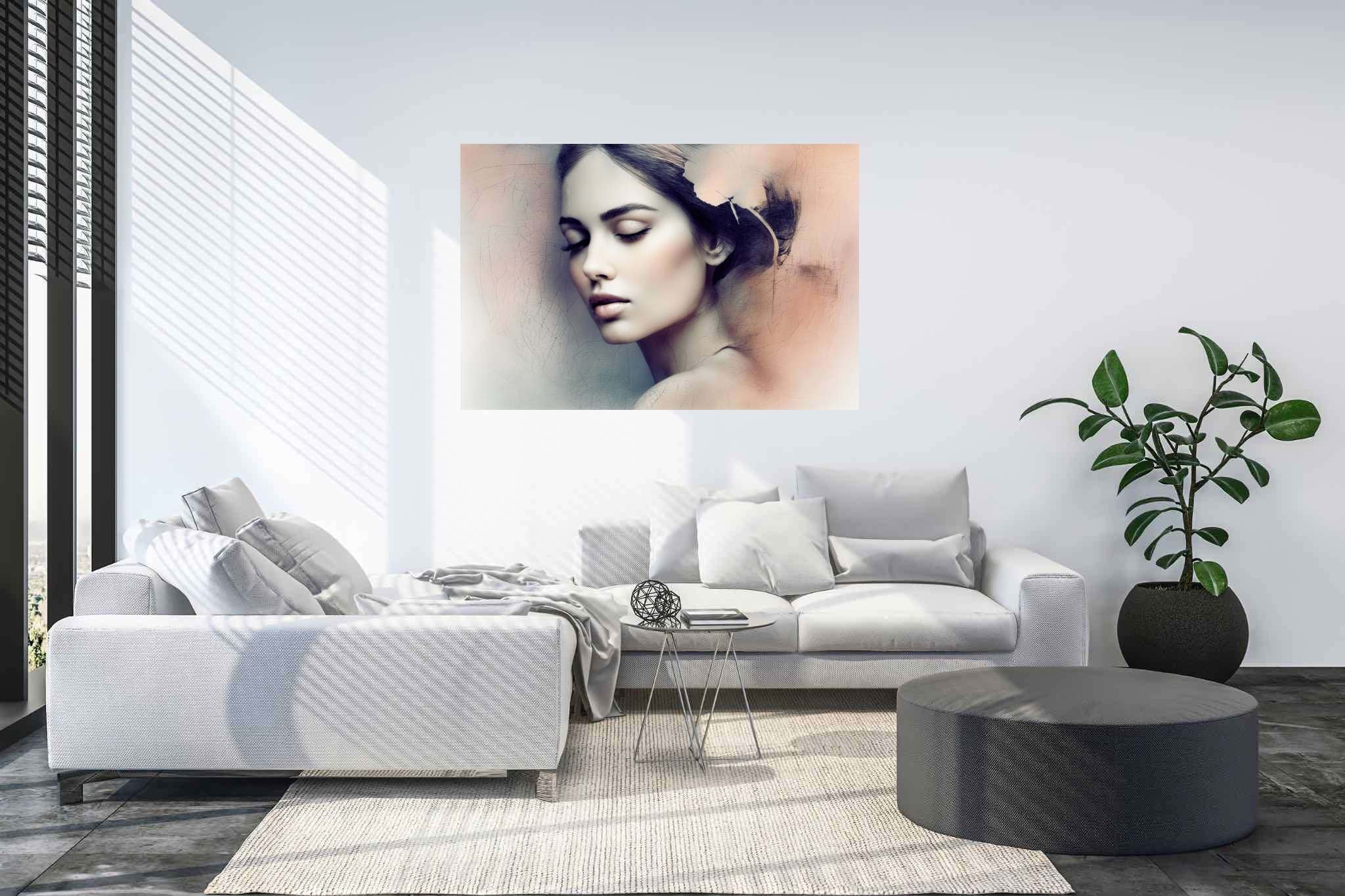 Slumber's silk veil: Dreamy painting art with imaginative creations, in a room with great design, canvas prints, and home styling items. The art can be printed on poster, framed poster, canvas, metal, acrylic or wood, exclusively at WallArtZen. Find this exact print at https://wallartzen.com/waz96
