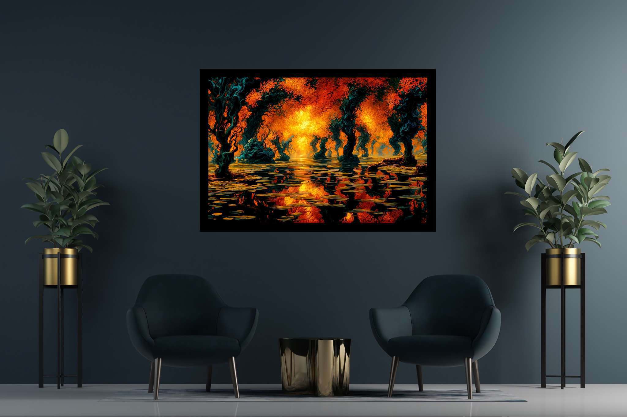 Aurora arboretum echoes: Ethereal landscape art with atmospheric landscapes, in a room with modern style, framed art, and decorative pieces. The art can be printed on poster, framed poster, canvas, metal, acrylic or wood, exclusively at WallArtZen. Find this exact print at https://wallartzen.com/waz97