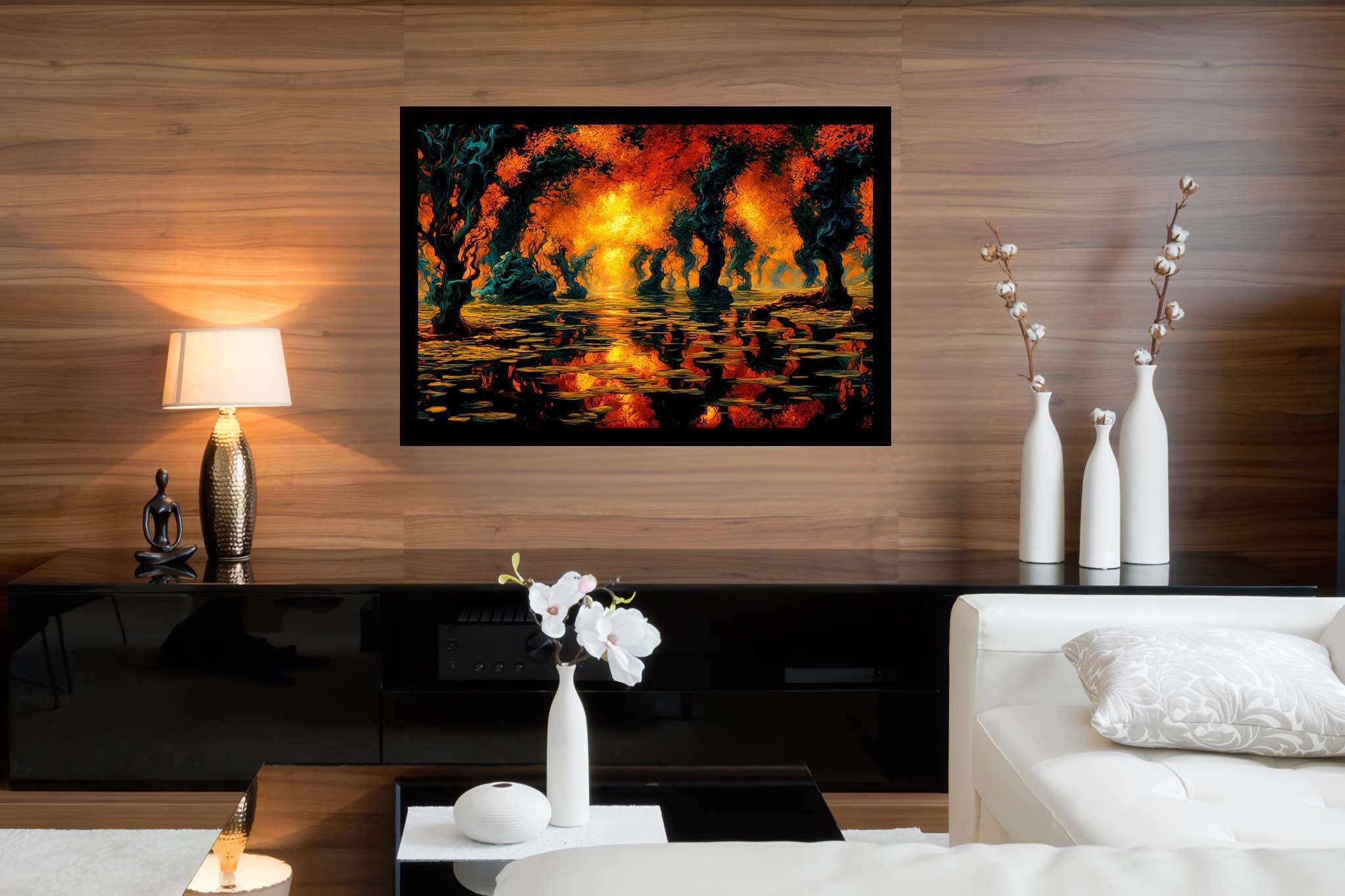 Aurora arboretum echoes: Ethereal landscape art with mystical landscapes, in a room with urban design, wall art, and designer furniture. The art can be printed on poster, framed poster, canvas, metal, acrylic or wood, exclusively at WallArtZen. Find this exact print at https://wallartzen.com/waz97