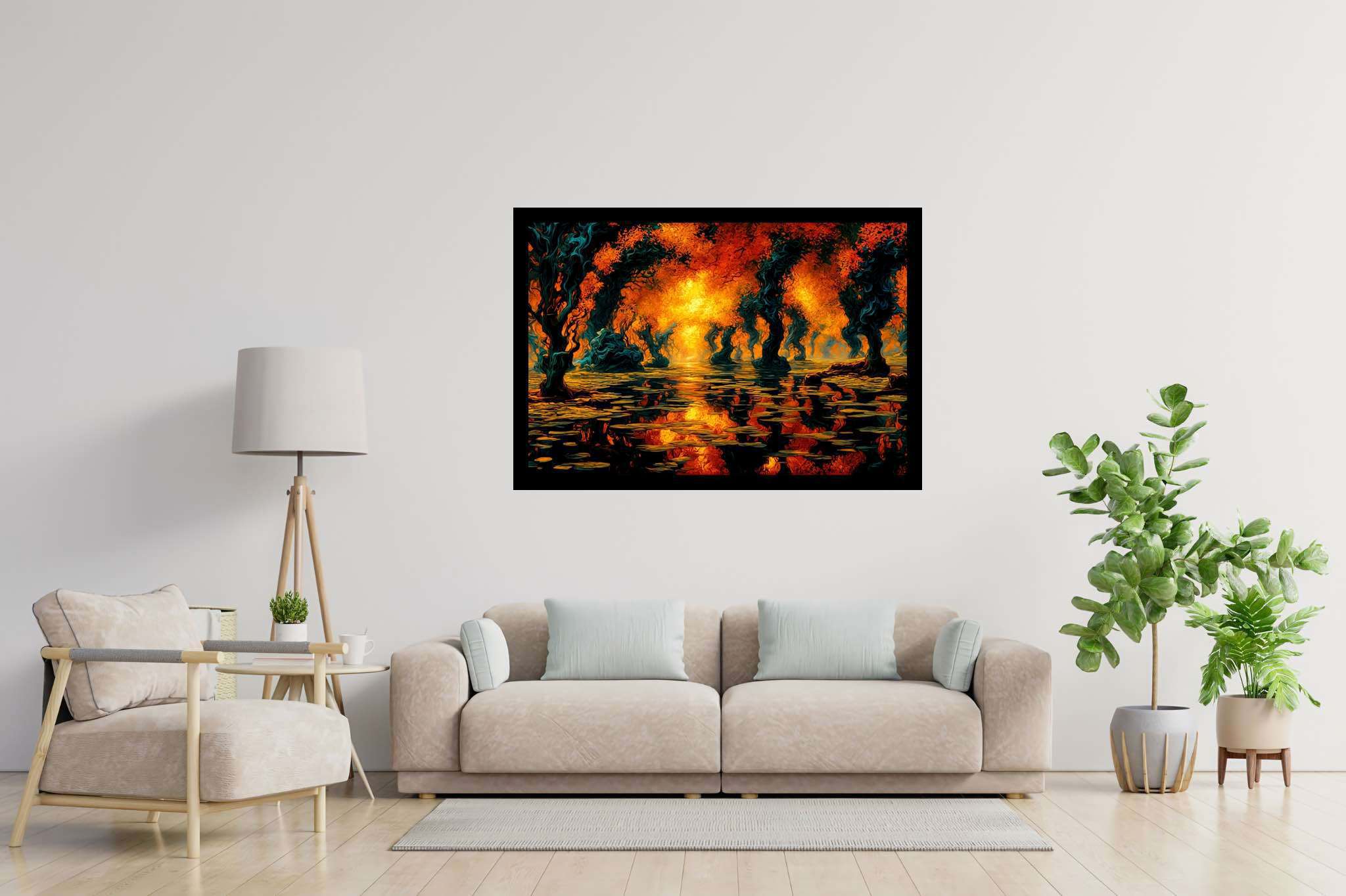 Aurora arboretum echoes: Ethereal landscape art with otherworldly landscapes, in a room with great design, digital art pieces, and decorative pieces. The art can be printed on poster, framed poster, canvas, metal, acrylic or wood, exclusively at WallArtZen. Find this exact print at https://wallartzen.com/waz97