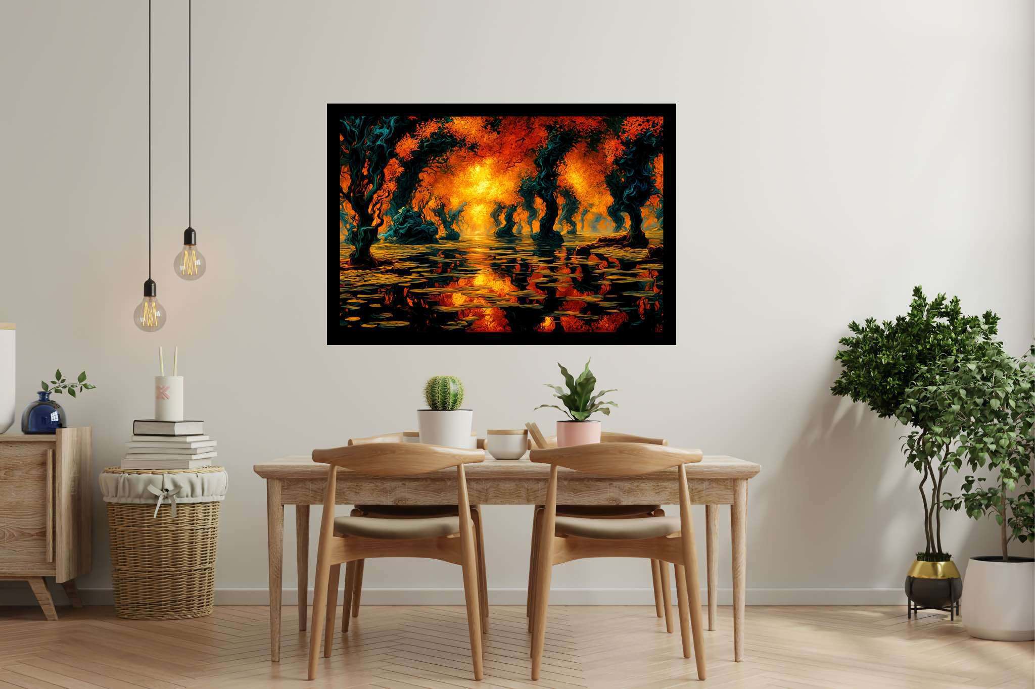 Aurora arboretum echoes: Ethereal landscape art with mystical landscapes, in a room with great design, bespoke art designs, and home furnishings. The art can be printed on poster, framed poster, canvas, metal, acrylic or wood, exclusively at WallArtZen. Find this exact print at https://wallartzen.com/waz97