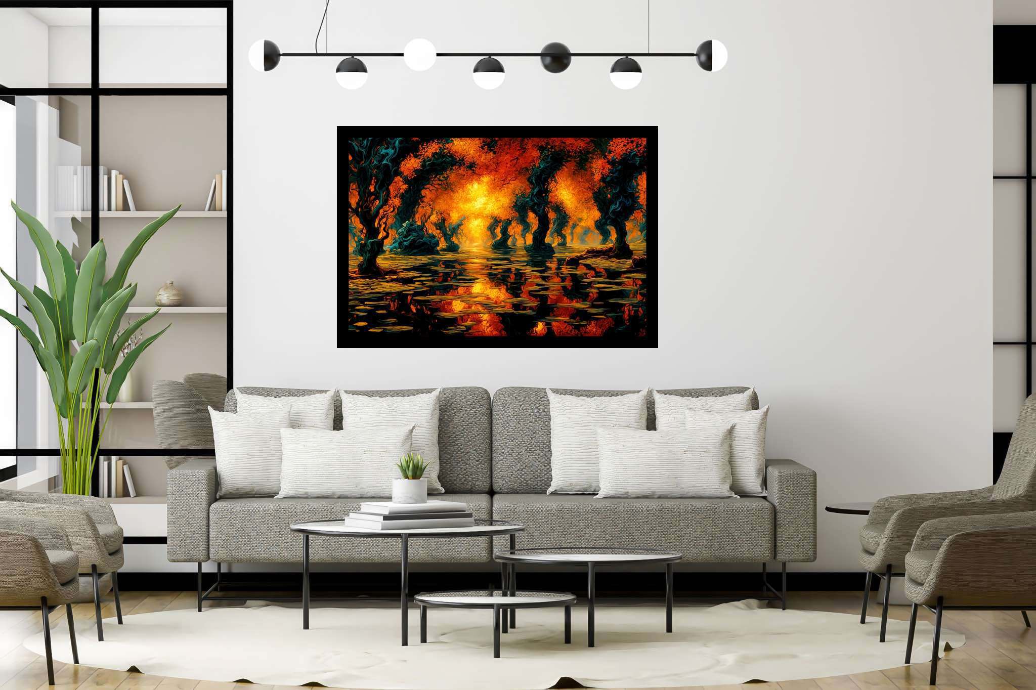 Aurora arboretum echoes: Ethereal landscape art with magical landscape paintings, in a room with elegant layout, mural artworks, and stylish accessories. The art can be printed on poster, framed poster, canvas, metal, acrylic or wood, exclusively at WallArtZen. Find this exact print at https://wallartzen.com/waz97